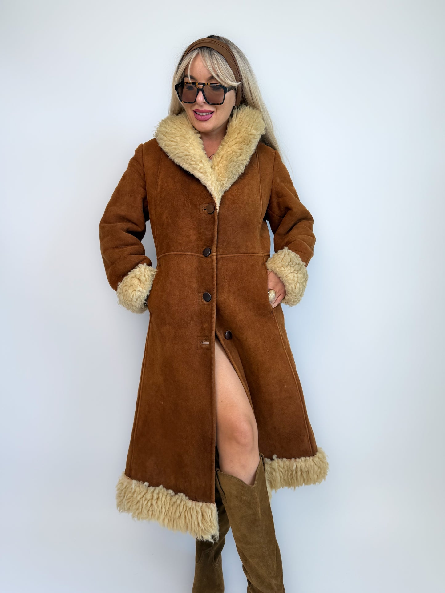 Vintage Brown Suede Afghan Coat: 70s Penny Lane Style Faux Fur Trim S