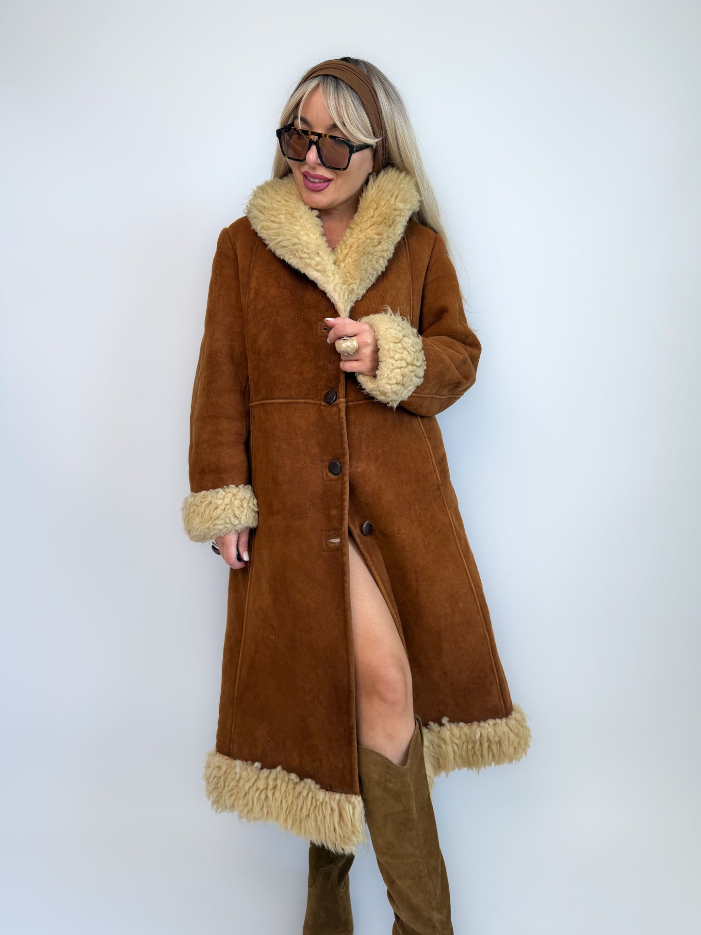 Vintage Brown Suede Afghan Coat: 70s Penny Lane Style Faux Fur Trim S