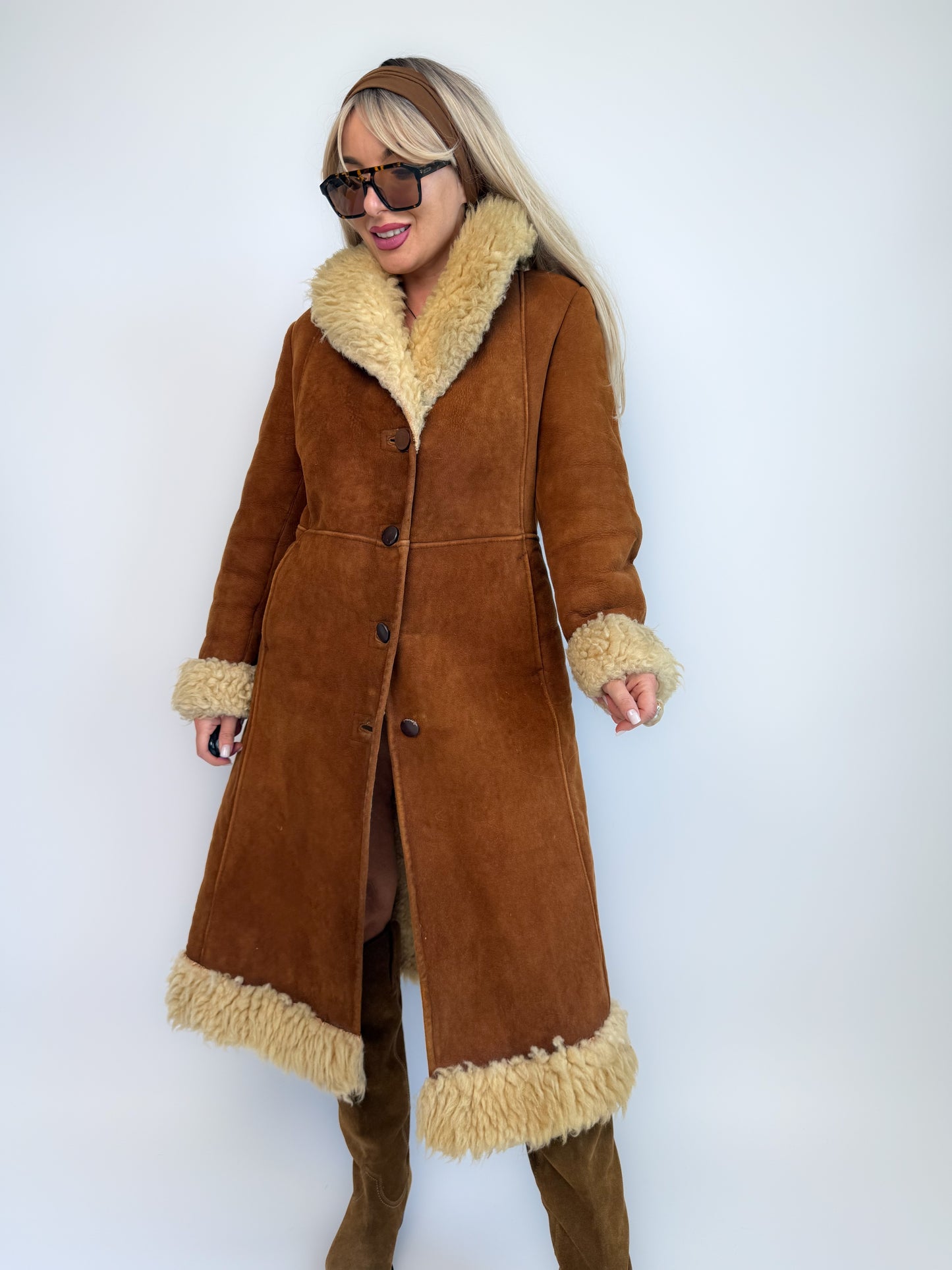 Vintage Brown Suede Afghan Coat: 70s Penny Lane Style Faux Fur Trim S
