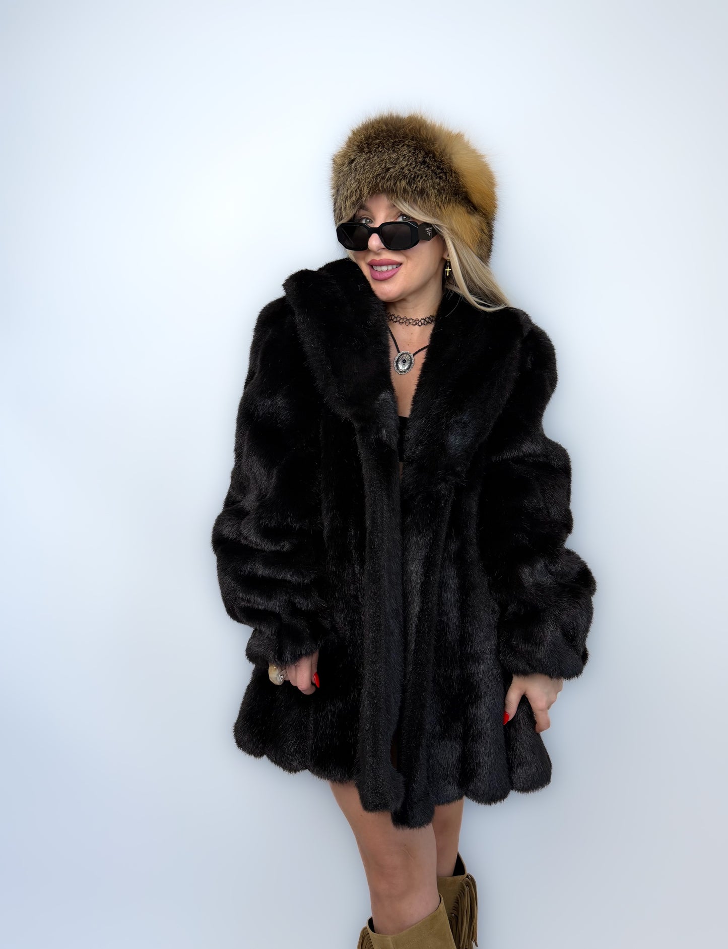 Vintage Faux Fur Mink Coat - Black Mid Length Winter Jacket S-M