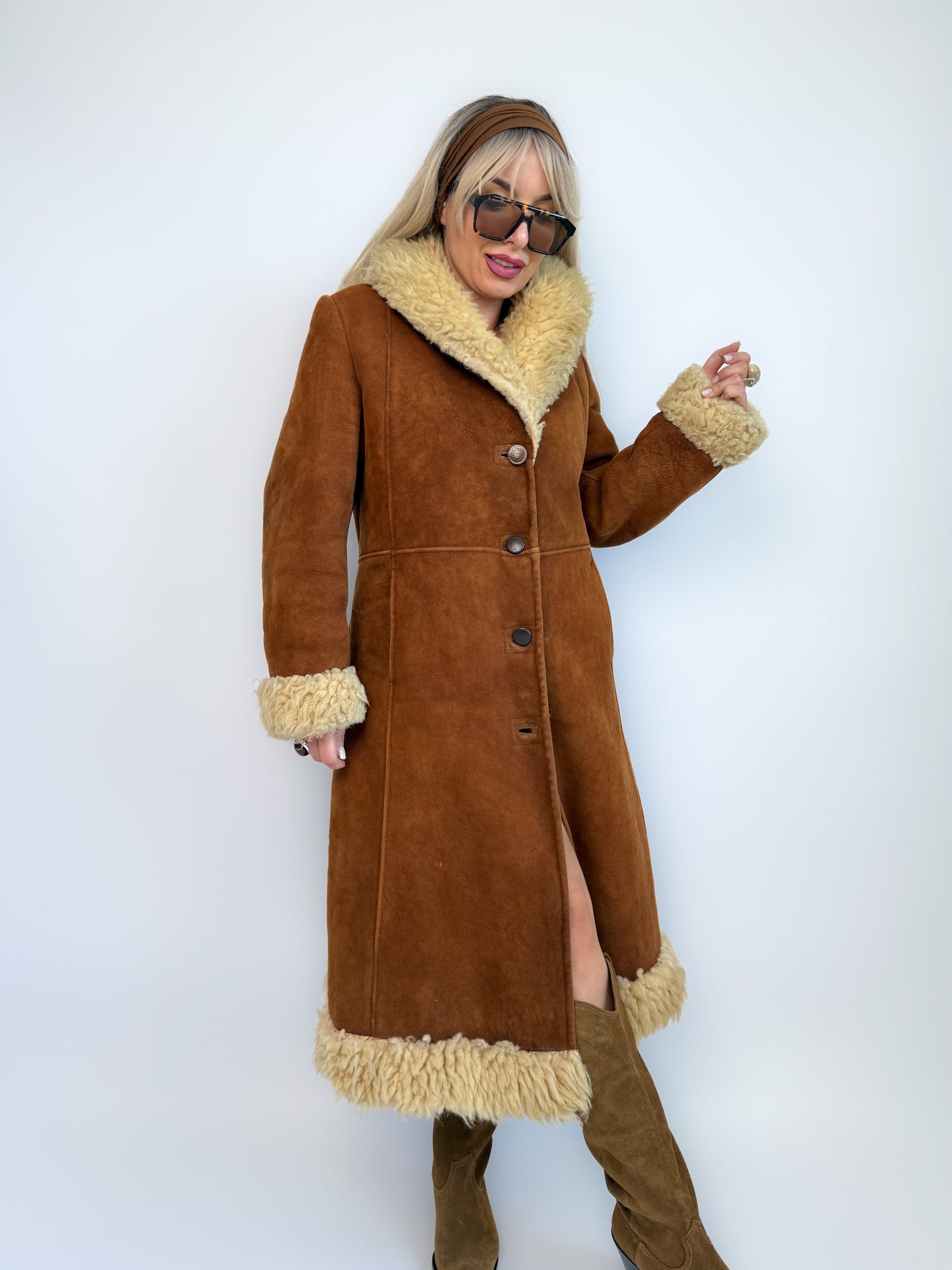 Vintage Brown Suede Afghan Coat: 70s Penny Lane Style Faux Fur Trim S