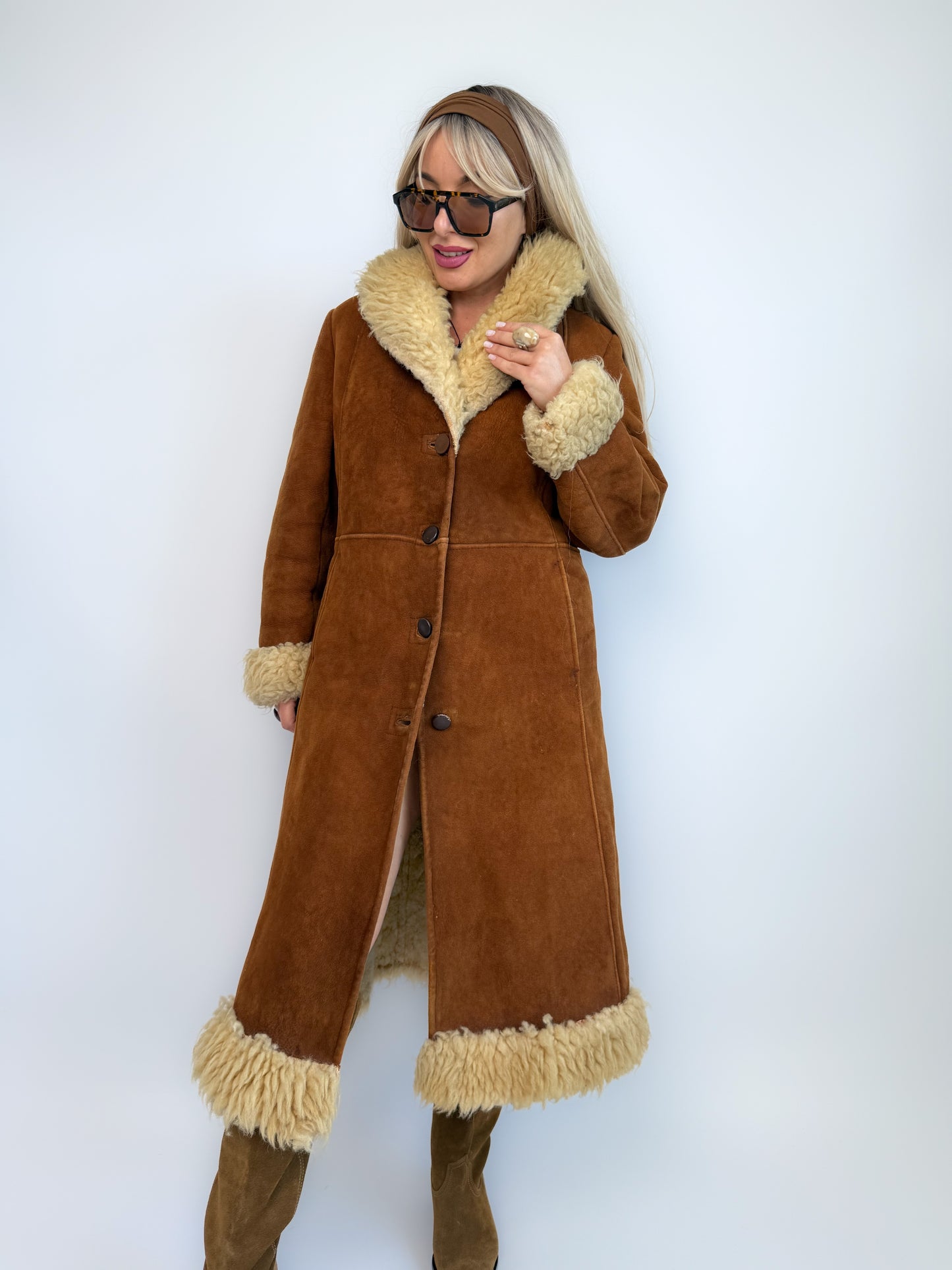 Vintage Brown Suede Afghan Coat: 70s Penny Lane Style Faux Fur Trim S