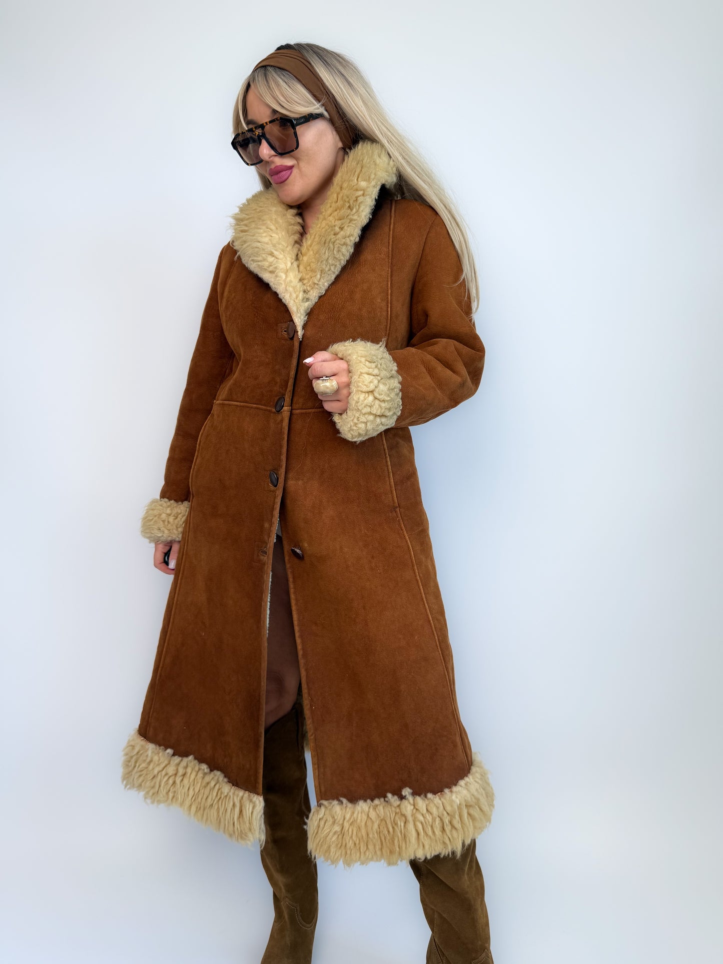 Vintage Brown Suede Afghan Coat: 70s Penny Lane Style Faux Fur Trim S
