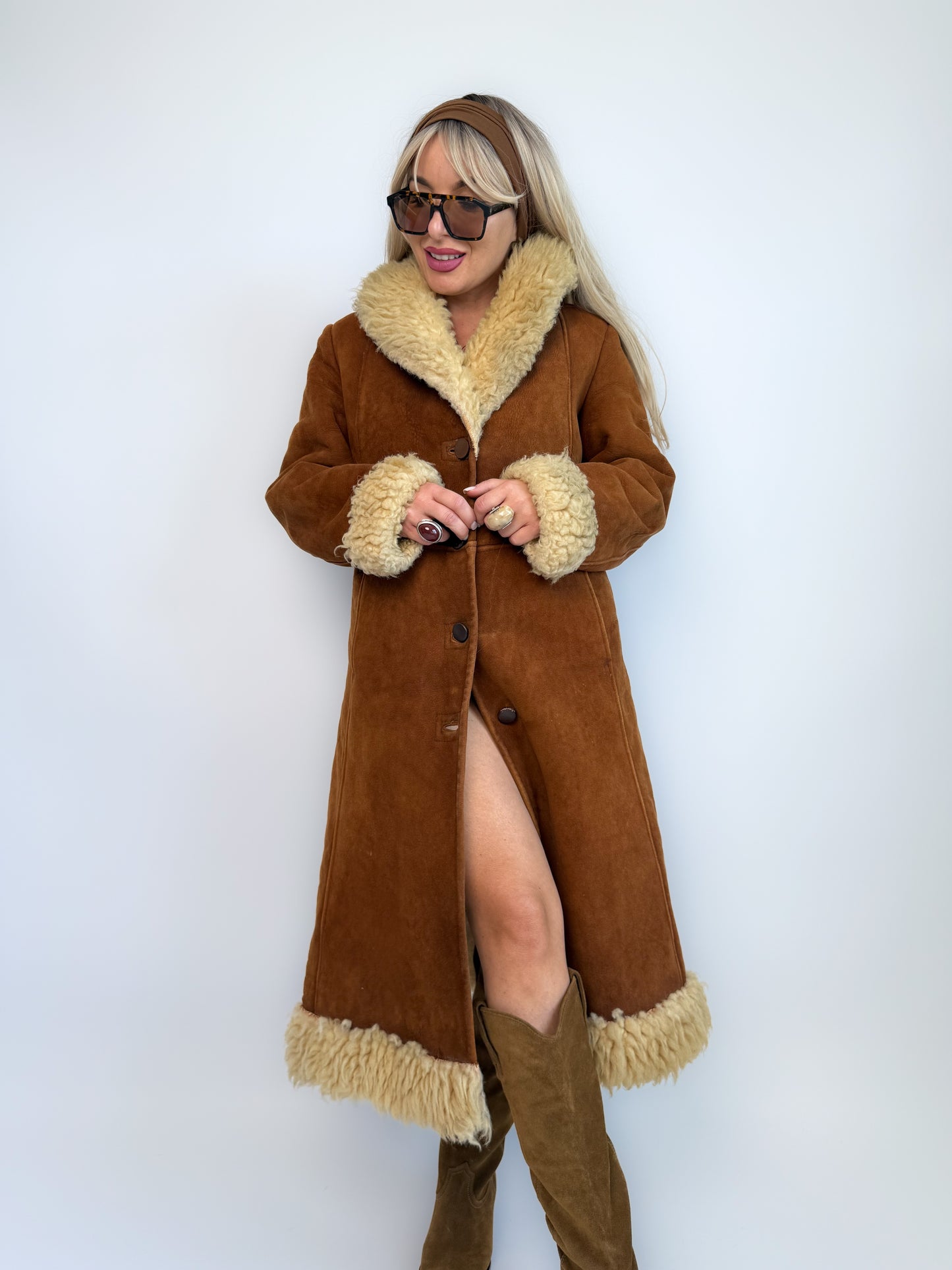 Vintage Brown Suede Afghan Coat: 70s Penny Lane Style Faux Fur Trim S