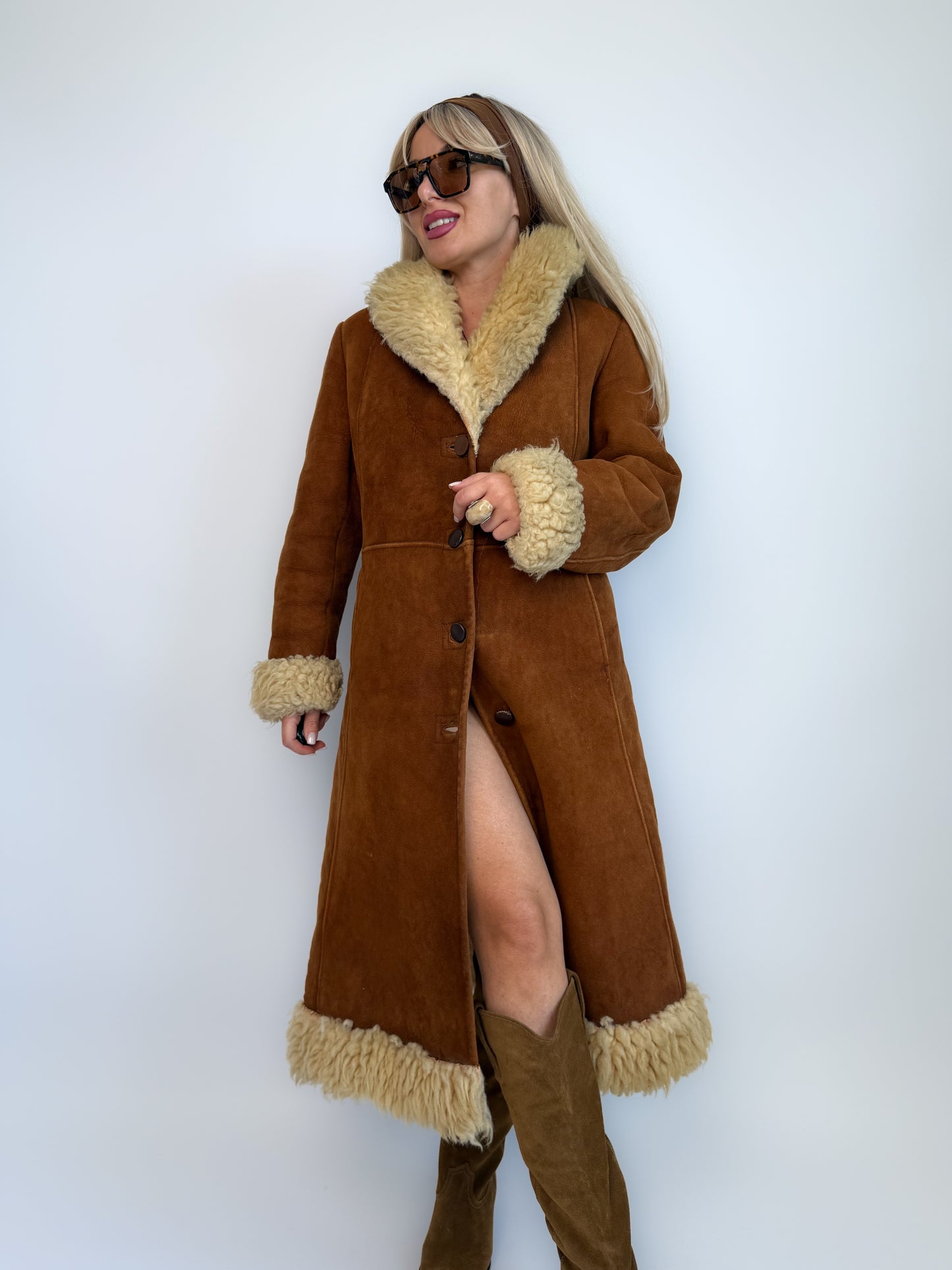 Vintage Brown Suede Afghan Coat: 70s Penny Lane Style Faux Fur Trim S