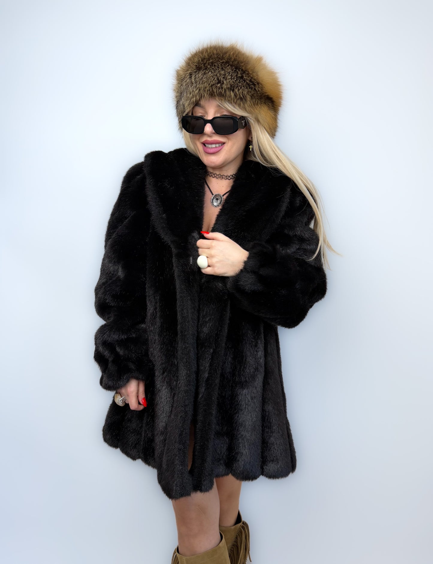 Vintage Faux Fur Mink Coat - Black Mid Length Winter Jacket S-M