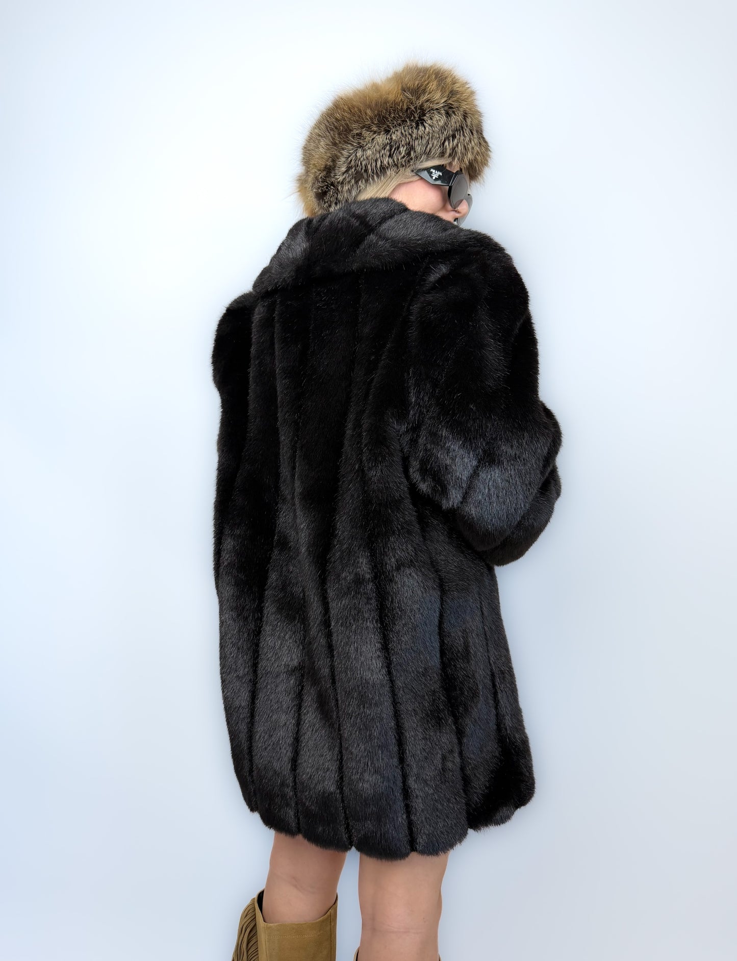 Vintage Faux Fur Mink Coat - Black Mid Length Winter Jacket S-M