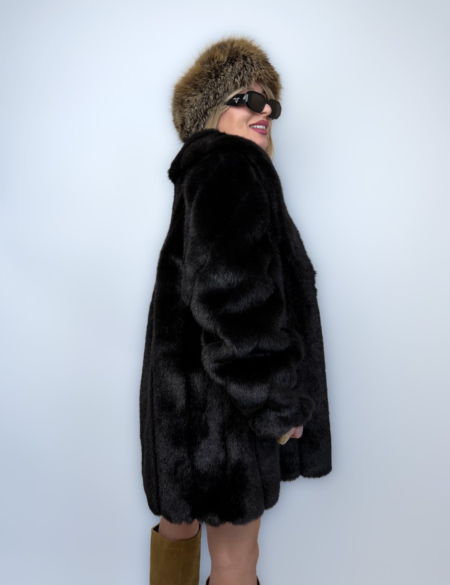 Vintage Faux Fur Mink Coat - Black Mid Length Winter Jacket S-M