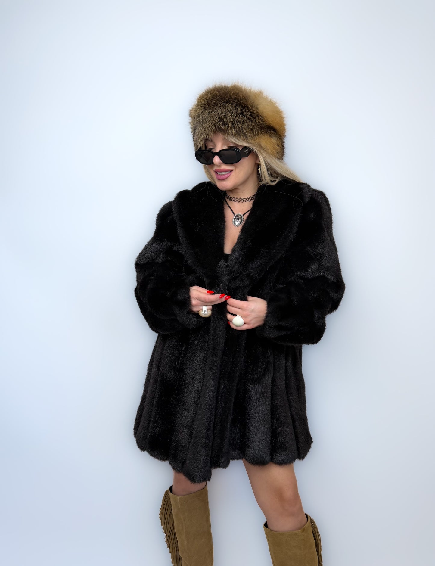 Vintage Faux Fur Mink Coat - Black Mid Length Winter Jacket S-M