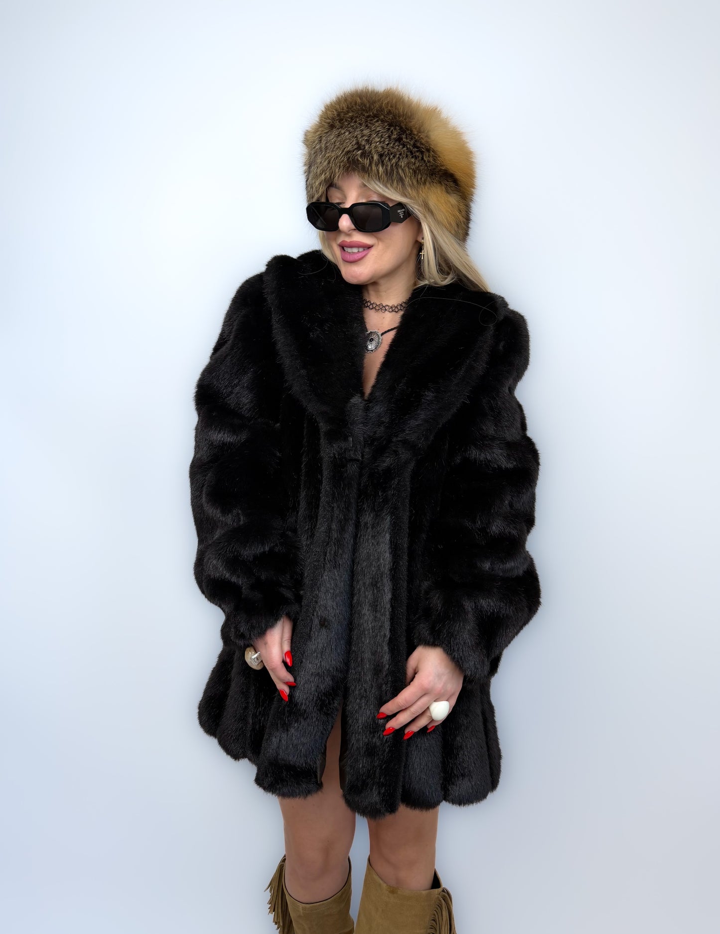 Vintage Faux Fur Mink Coat - Black Mid Length Winter Jacket S-M