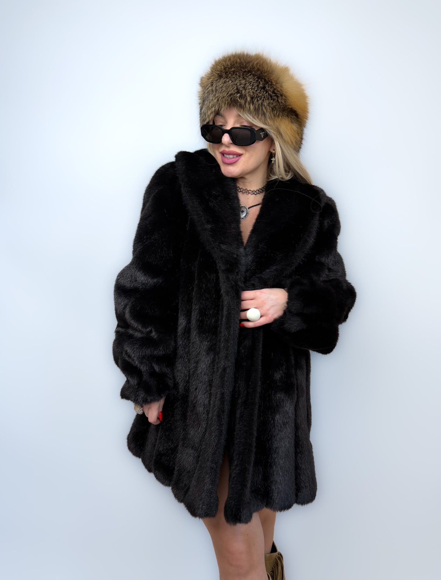 Vintage Faux Fur Mink Coat - Black Mid Length Winter Jacket S-M