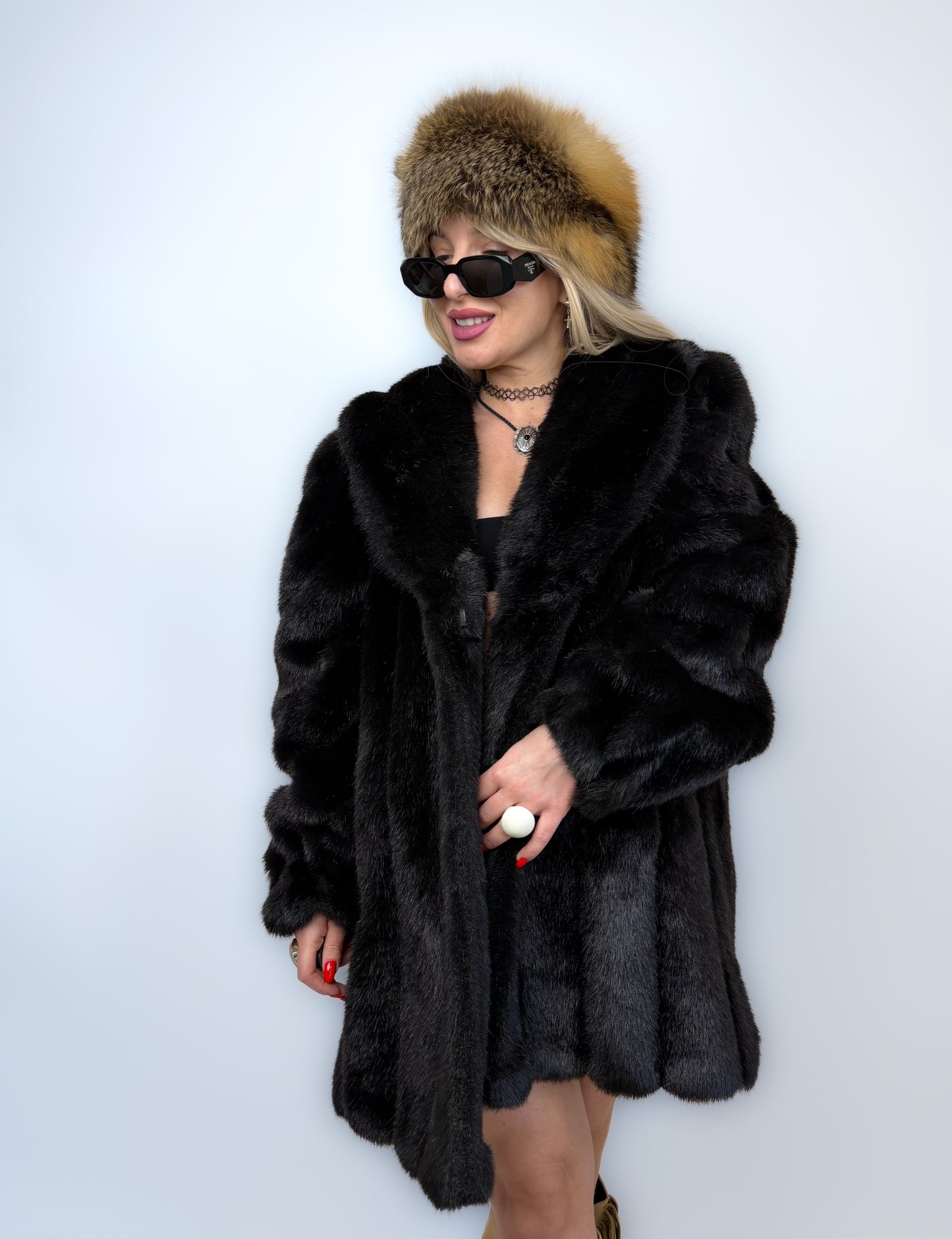 Vintage Faux Fur Mink Coat - Black Mid Length Winter Jacket S-M