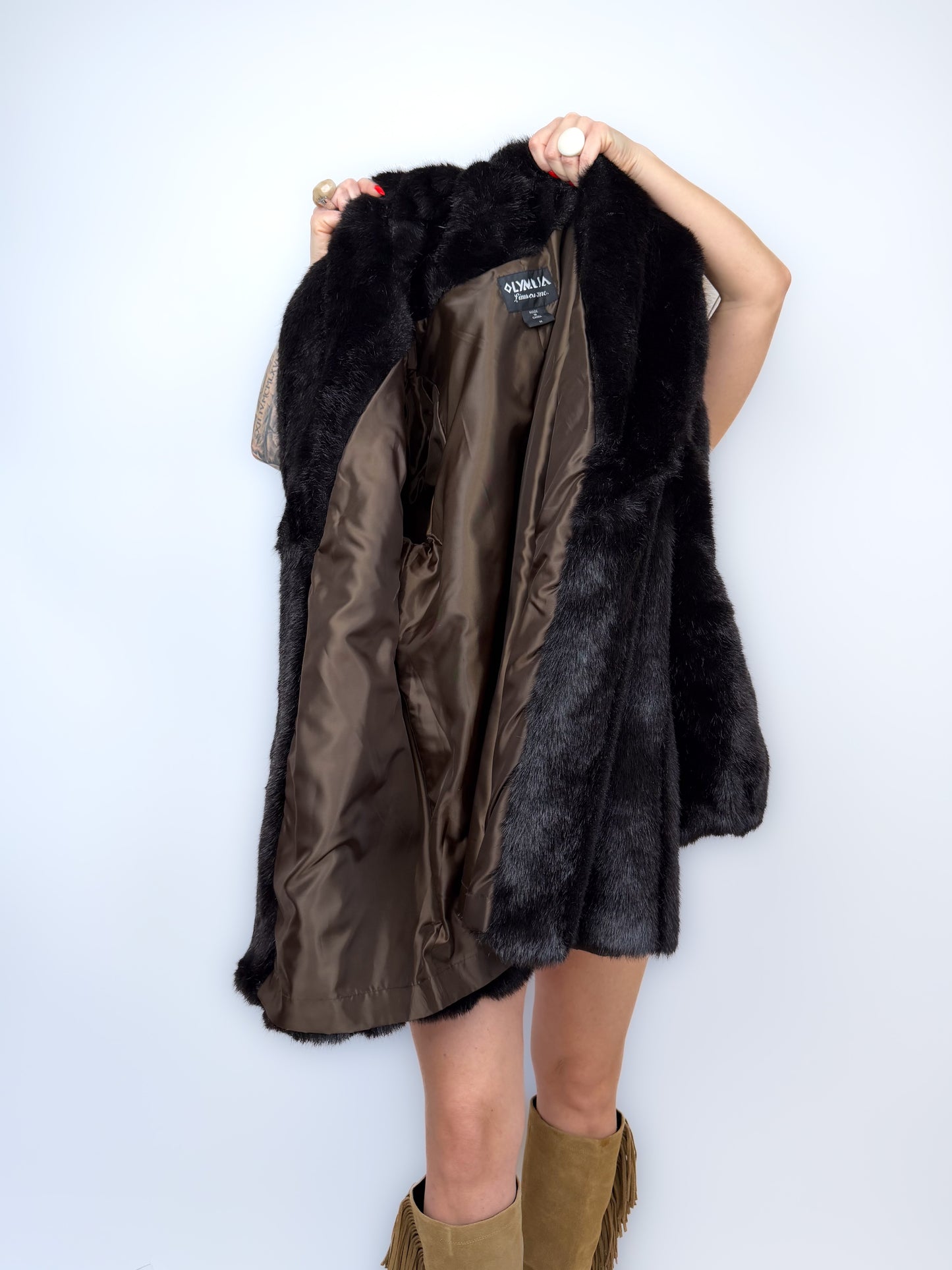 Vintage Faux Fur Mink Coat - Black Mid Length Winter Jacket S-M