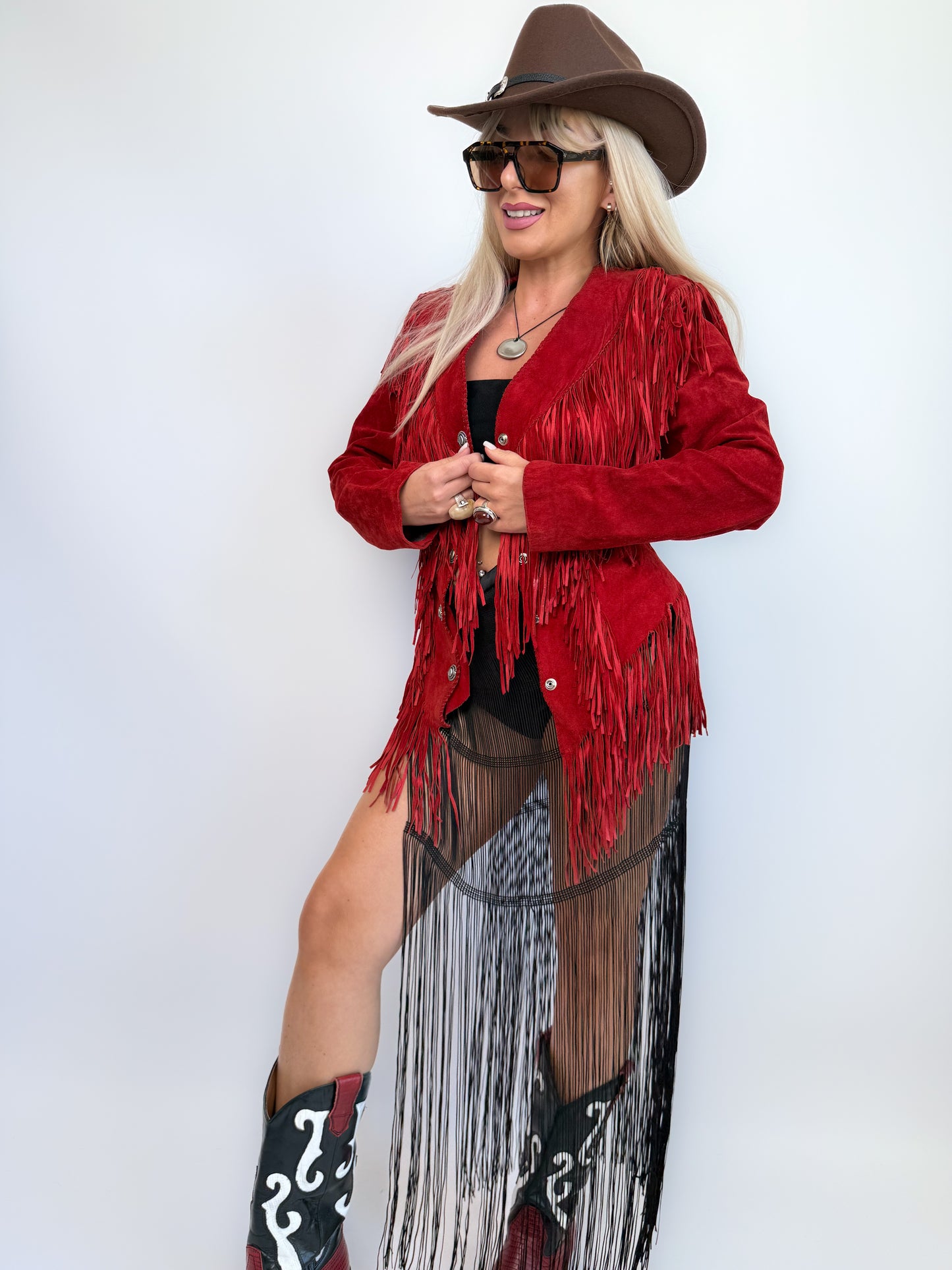Vintage Red Suede Fringe Jacket- Western Cowgirl Boho Hippie Festival Coat XS-S