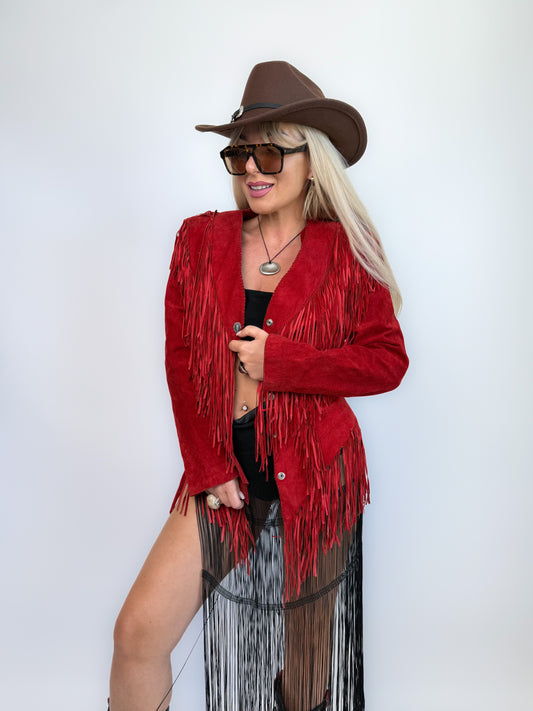 Vintage Red Suede Fringe Jacket- Western Cowgirl Boho Hippie Festival Coat XS-S