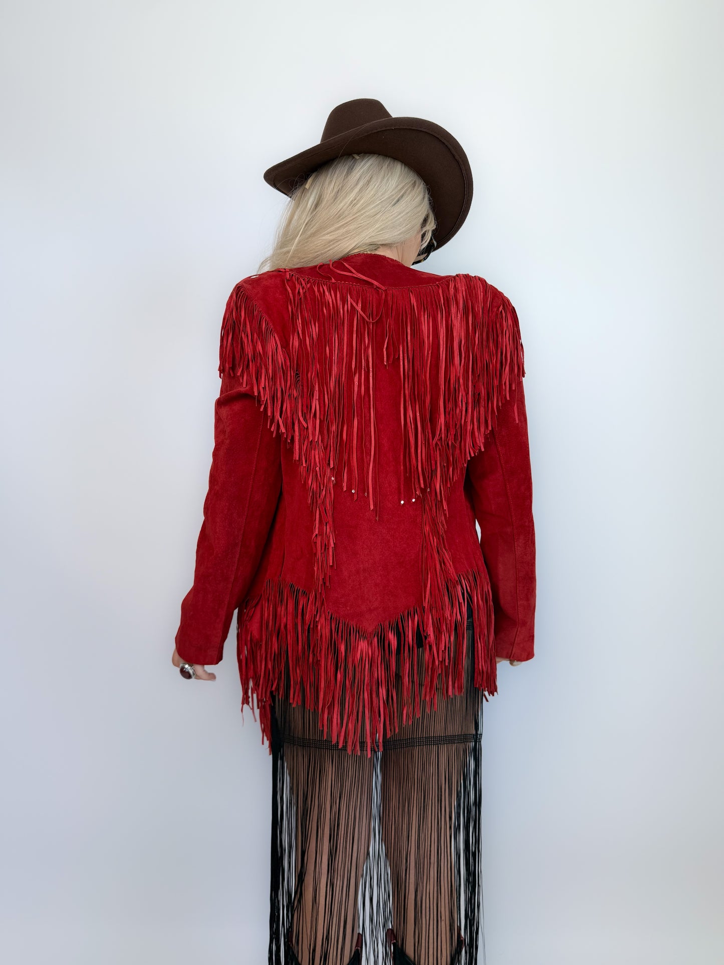 Vintage Red Suede Fringe Jacket- Western Cowgirl Boho Hippie Festival Coat XS-S