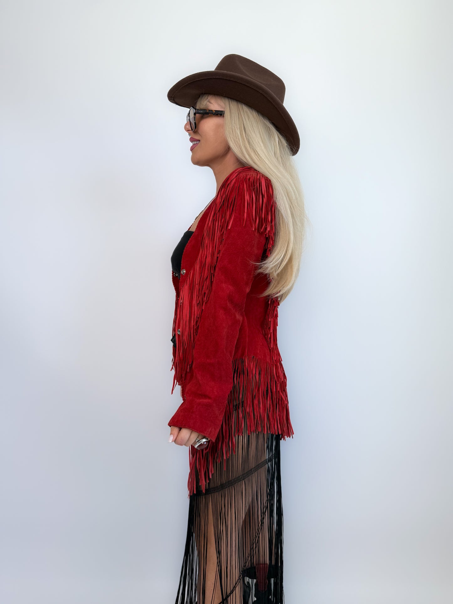 Vintage Red Suede Fringe Jacket- Western Cowgirl Boho Hippie Festival Coat XS-S