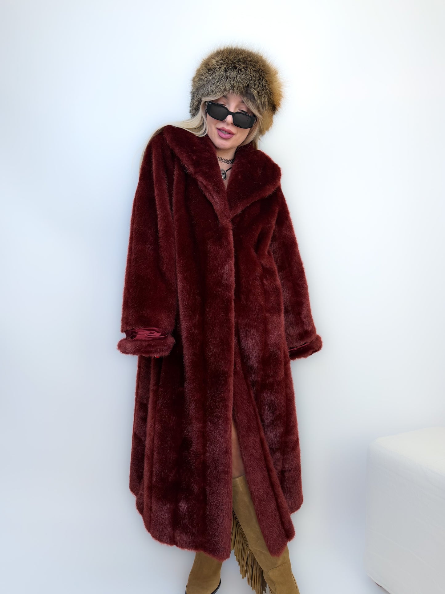 Vintage Long Faux Fur Coat in Burgundy Red XS-S
