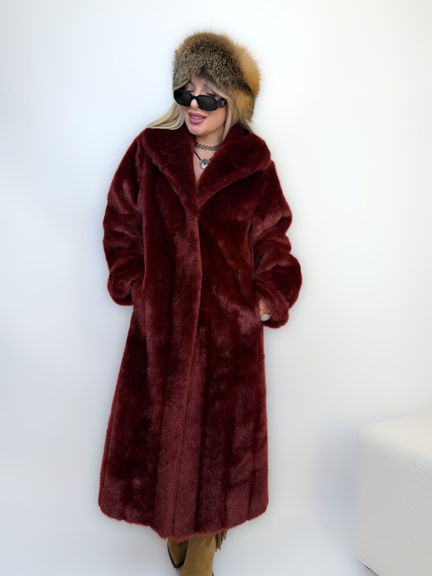 Vintage Long Faux Fur Coat in Burgundy Red XS-S