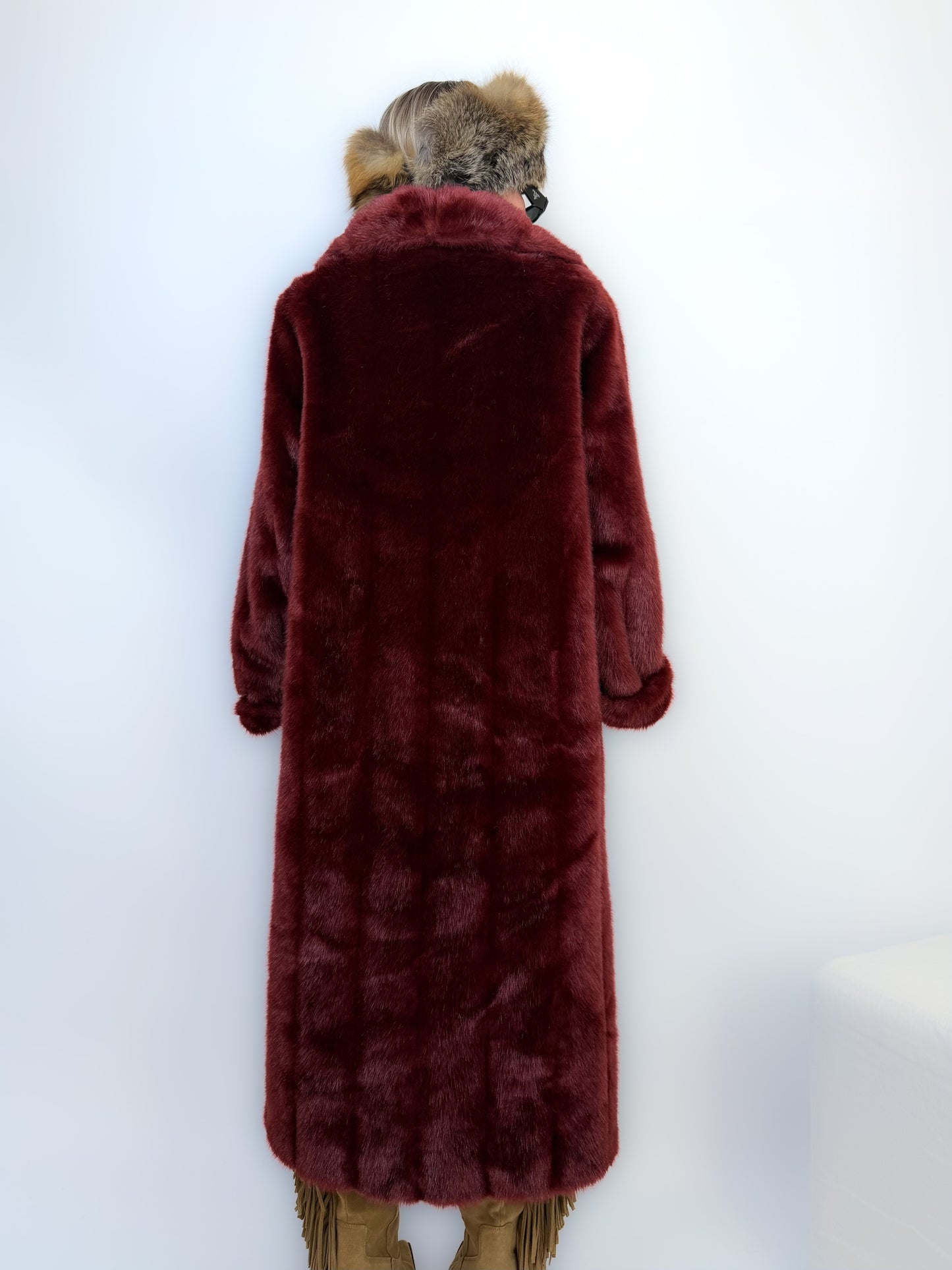 Vintage Long Faux Fur Coat in Burgundy Red XS-S