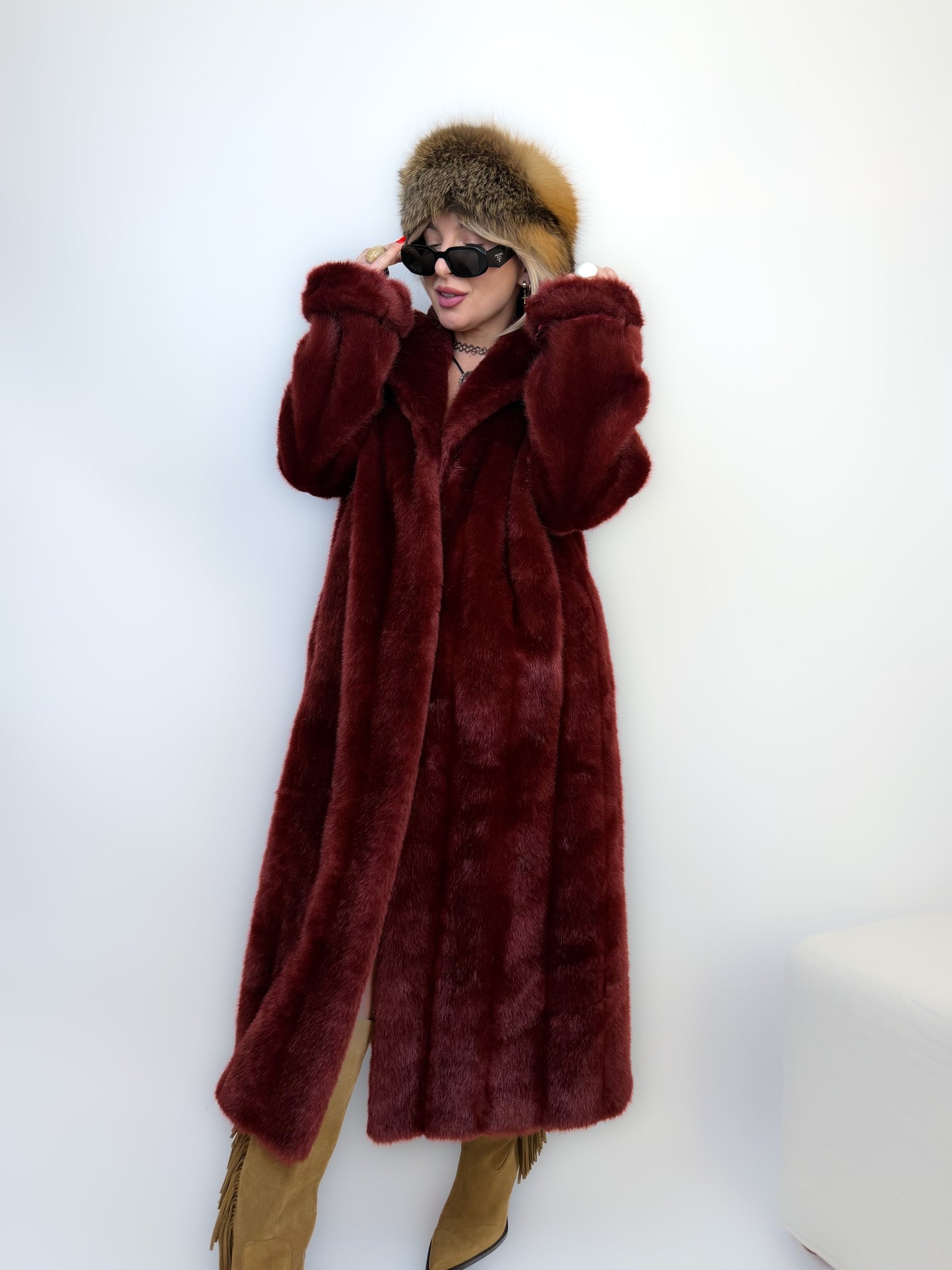 Vintage Long Faux Fur Coat in Burgundy Red XS-S