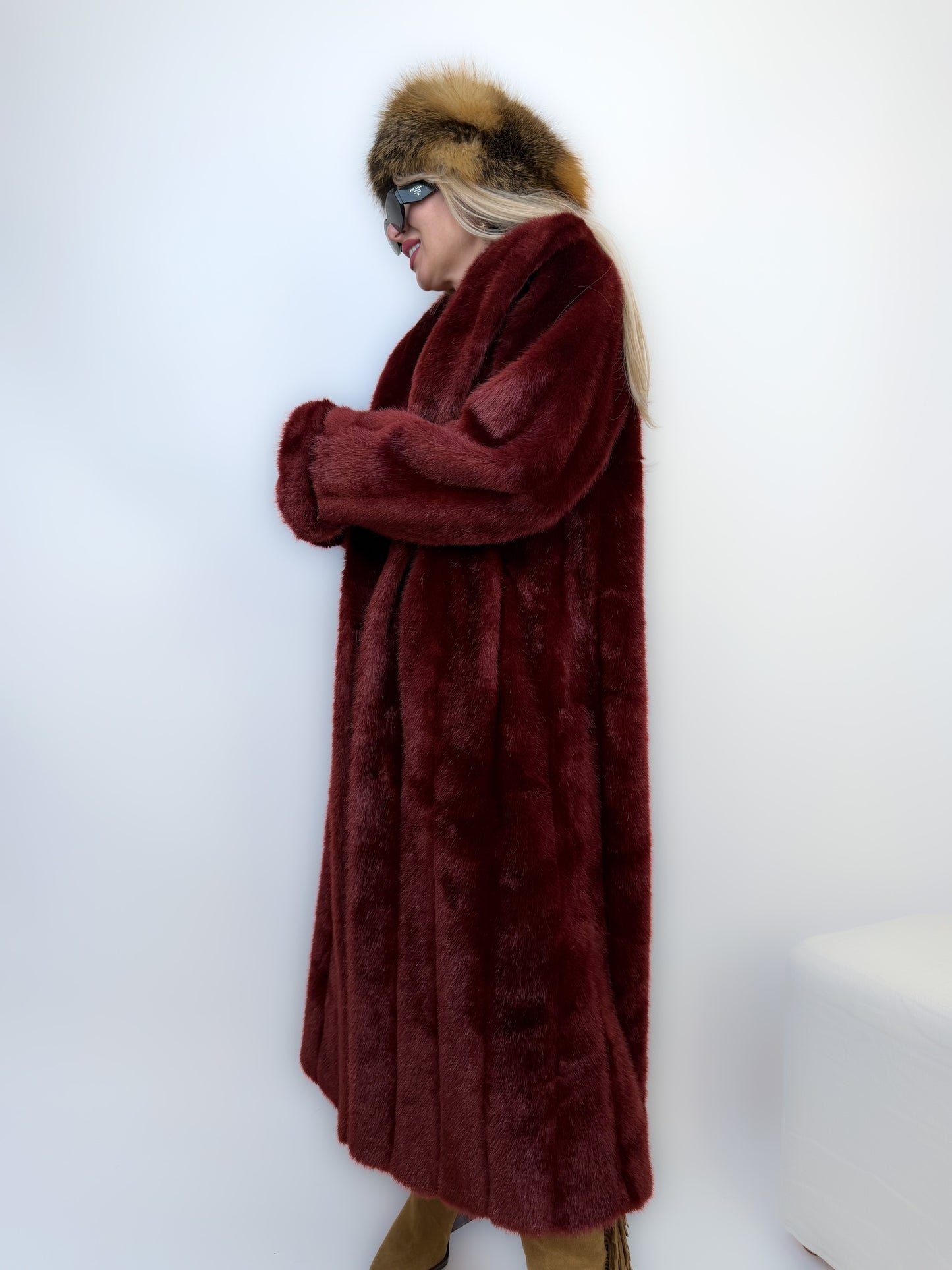 Vintage Long Faux Fur Coat in Burgundy Red XS-S