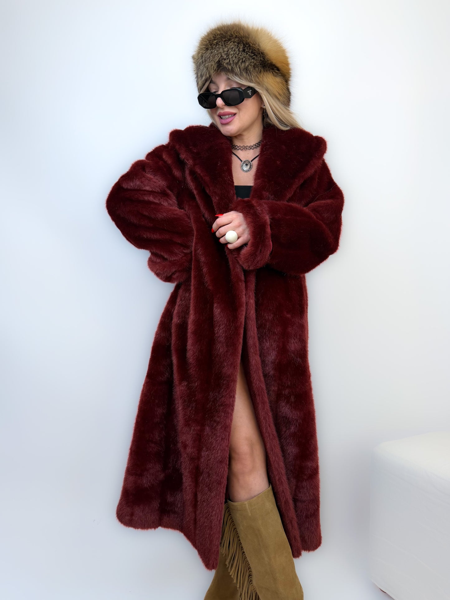 Vintage Long Faux Fur Coat in Burgundy Red XS-S