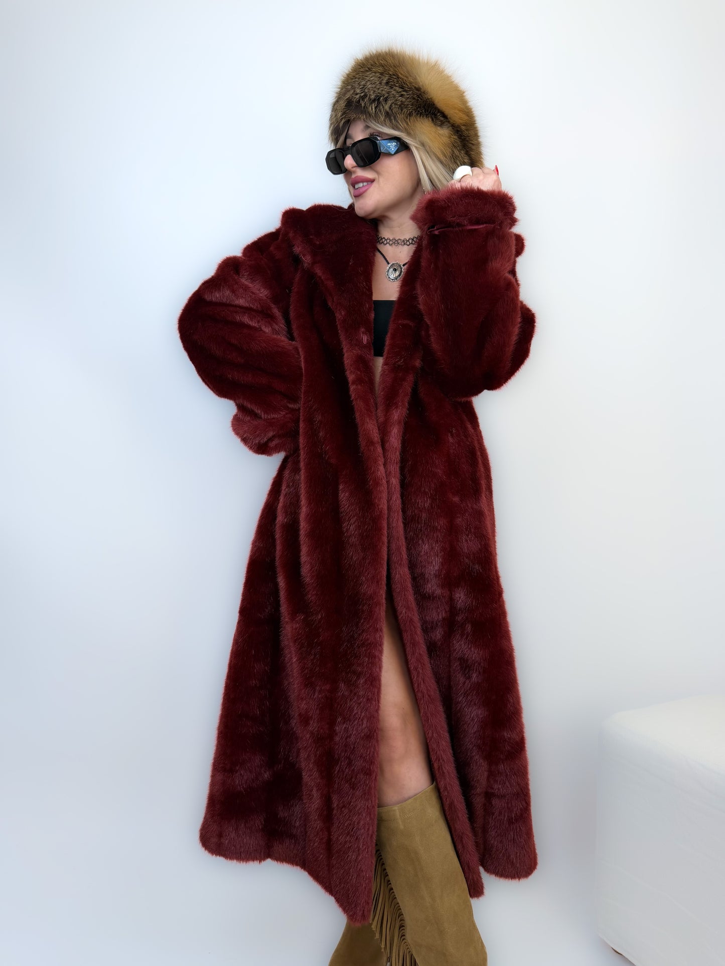 Vintage Long Faux Fur Coat in Burgundy Red XS-S