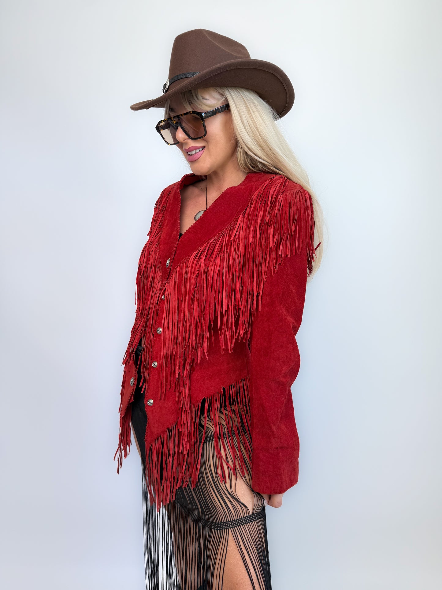 Vintage Red Suede Fringe Jacket- Western Cowgirl Boho Hippie Festival Coat XS-S