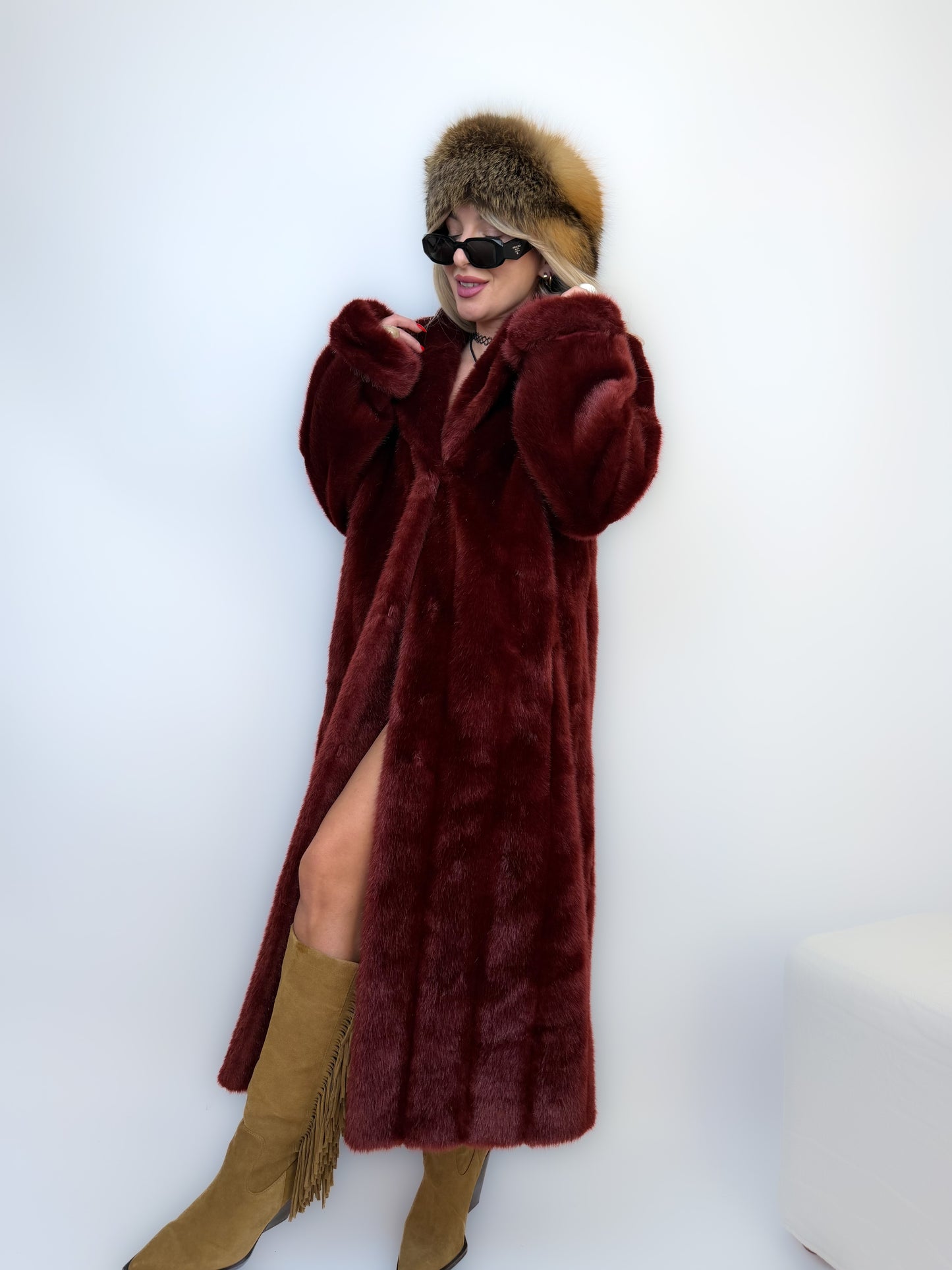 Vintage Long Faux Fur Coat in Burgundy Red XS-S