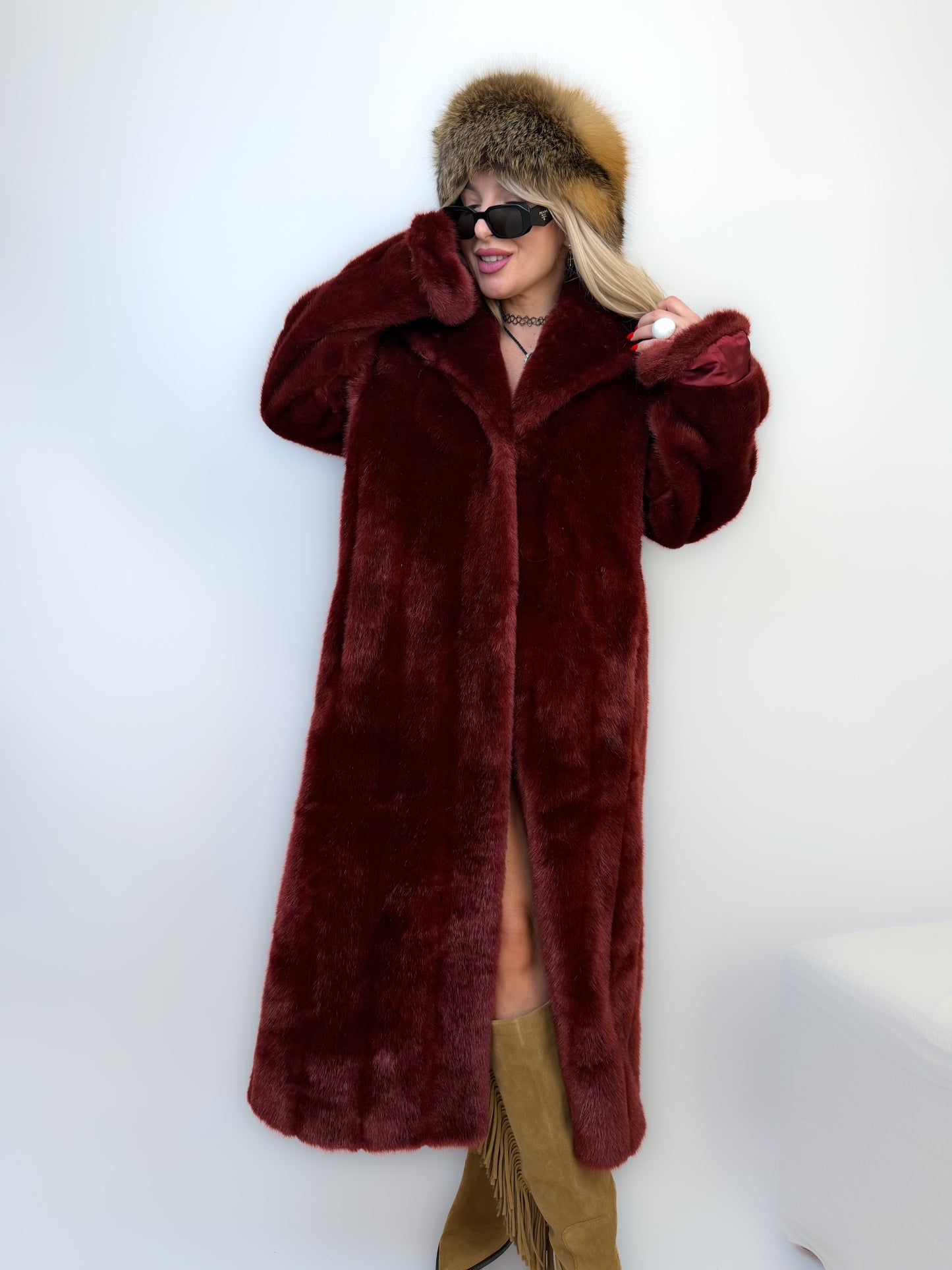Vintage Long Faux Fur Coat in Burgundy Red XS-S