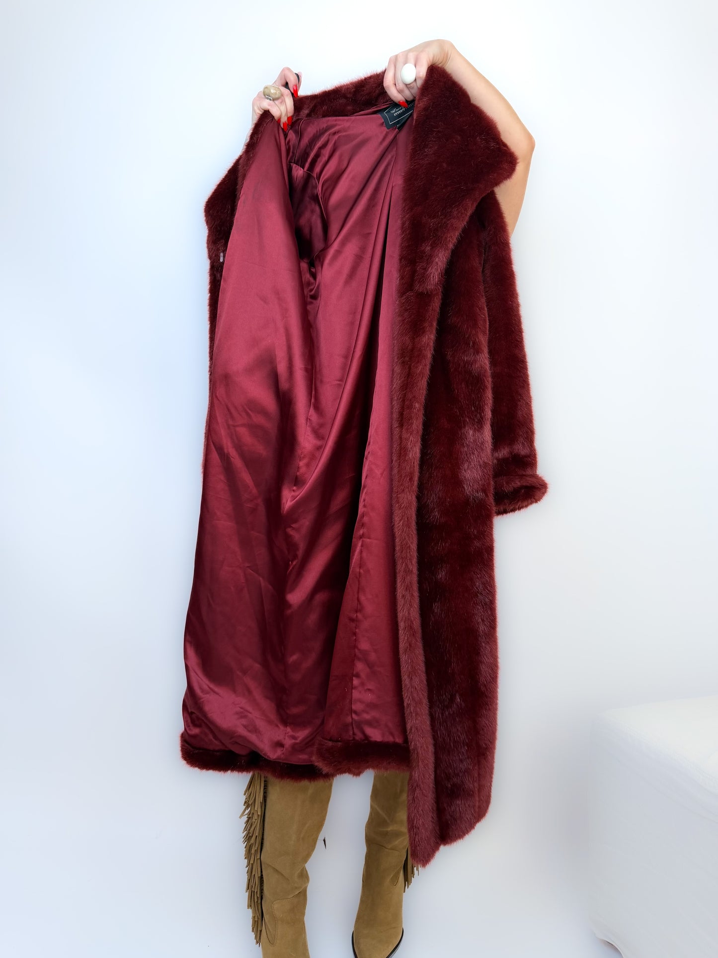 Vintage Long Faux Fur Coat in Burgundy Red XS-S