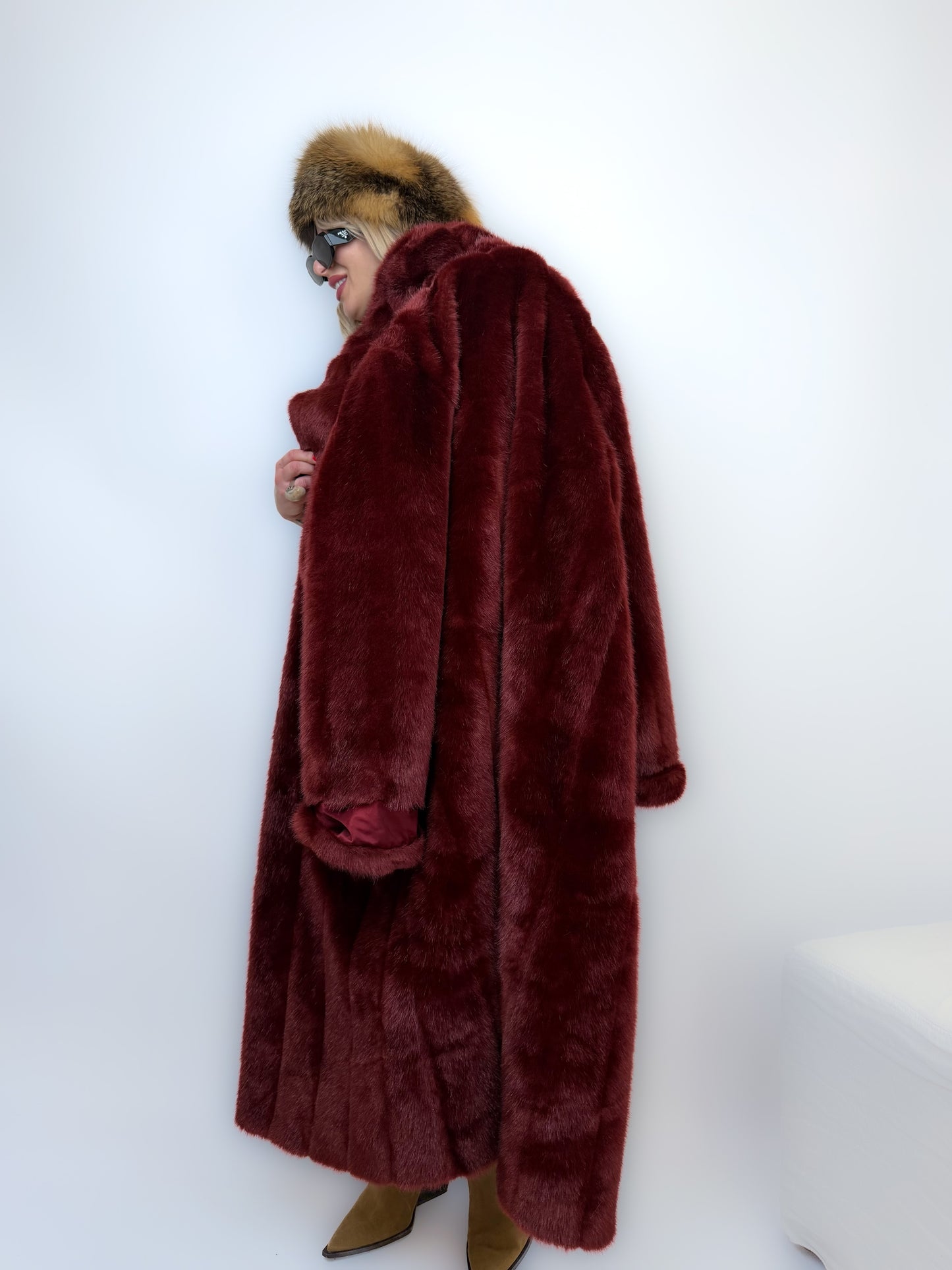 Vintage Long Faux Fur Coat in Burgundy Red XS-S