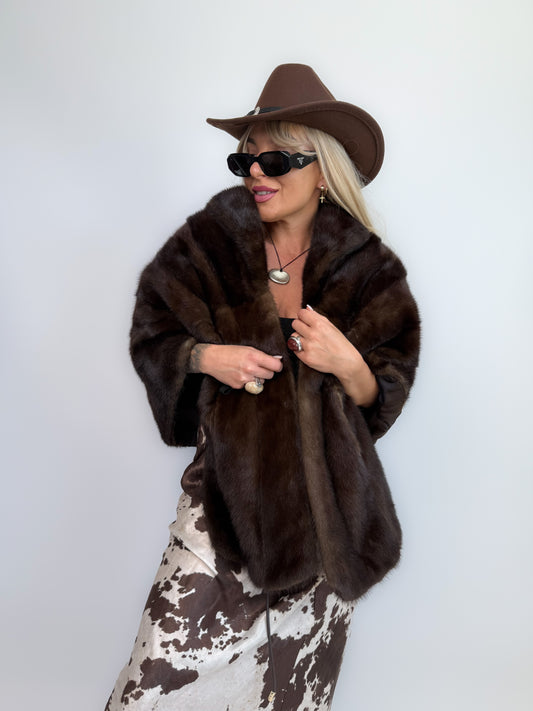 Vintage 80s Mink Fur Poncho Wrap – Natural Dark Brown Cape Jacket, Shawl Size Small-Medium-Large