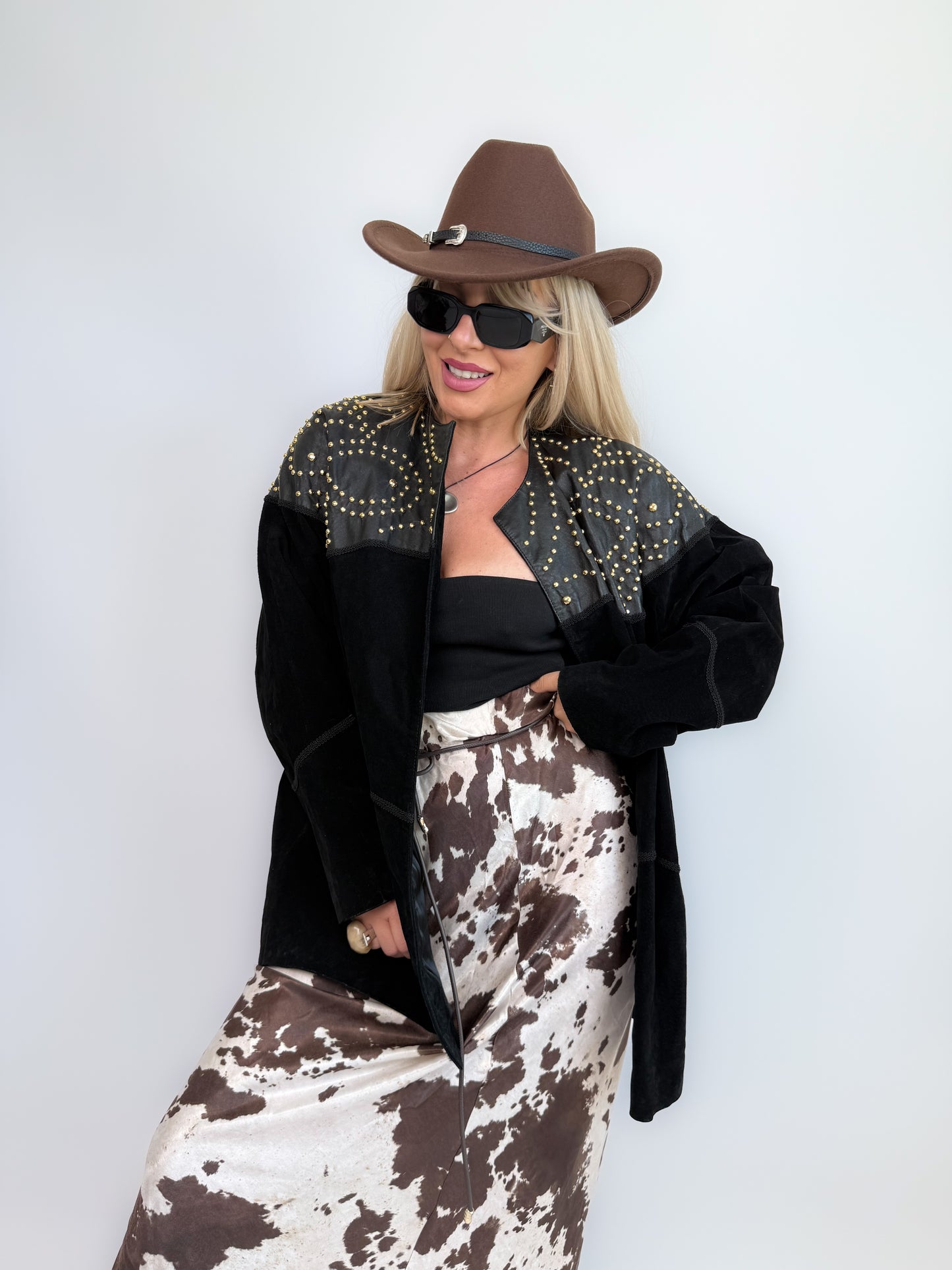 Vintage Black Suede Studded Jacket – 90s Avant Garde Statement Coat with Gold Studs S-M