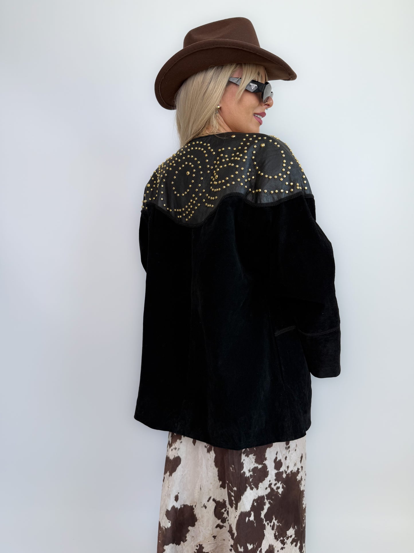 Vintage Black Suede Studded Jacket – 90s Avant Garde Statement Coat with Gold Studs S-M