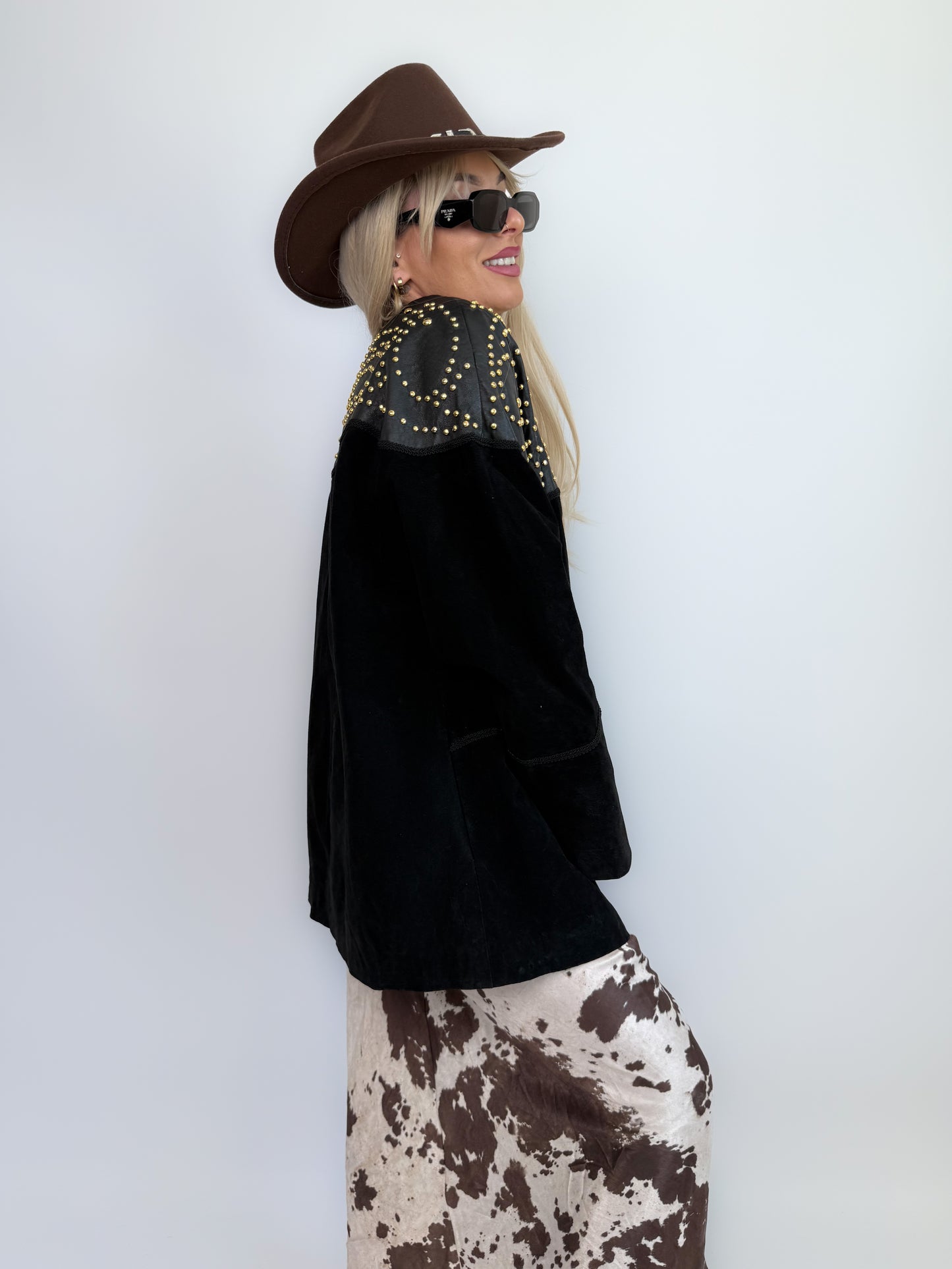 Vintage Black Suede Studded Jacket – 90s Avant Garde Statement Coat with Gold Studs S-M