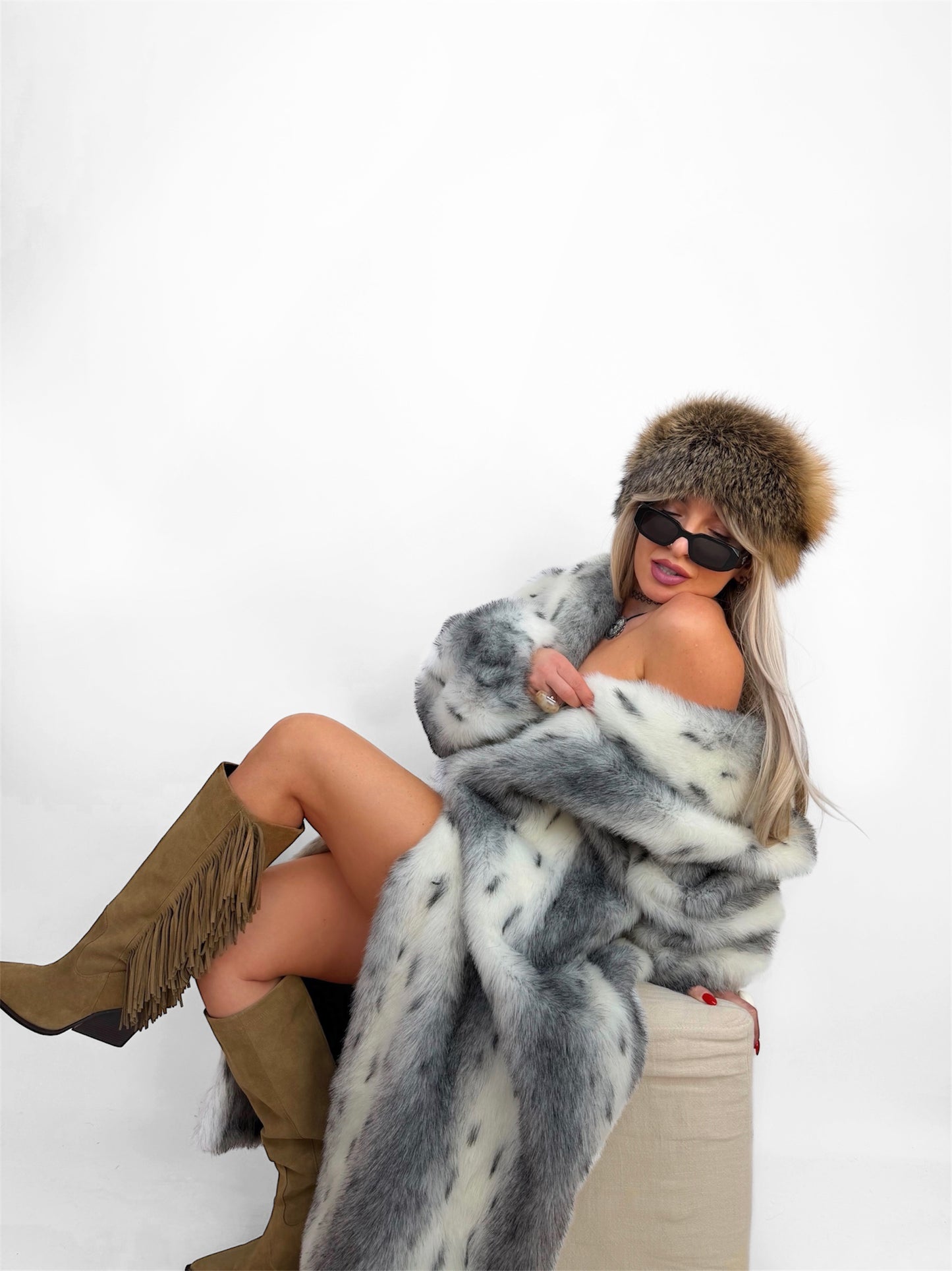 Vintage Long Faux Fur Coat Lynx Snow Fox L-XXL