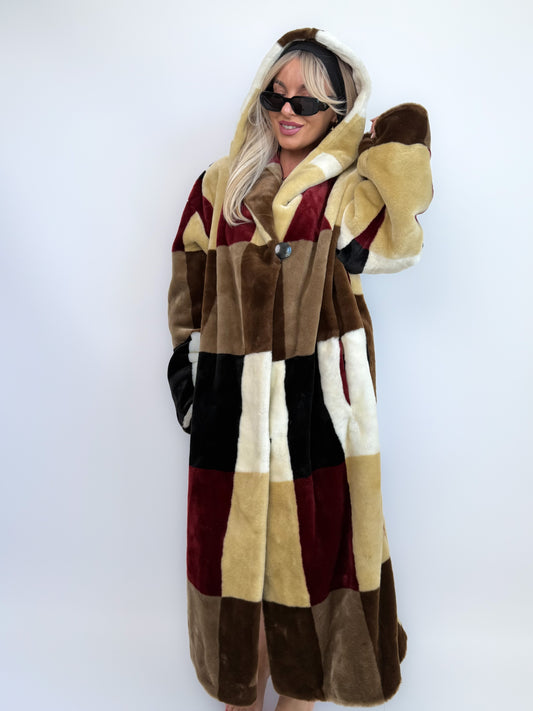 Vintage Patchwork Velvet Maxi Coat – 90s Hooded Plush Faux Fur Long Winter Jacket Size XL 1X