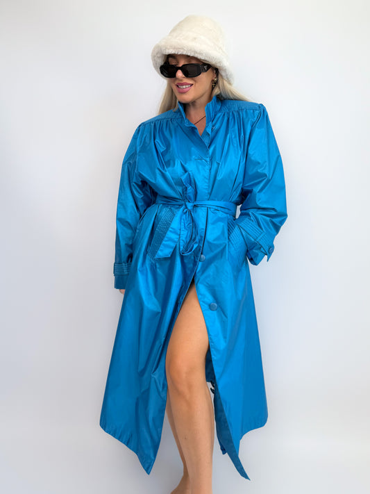 Vintage Lazure Blue Waterproof Trench Coat with Waist Tie – Size Large
