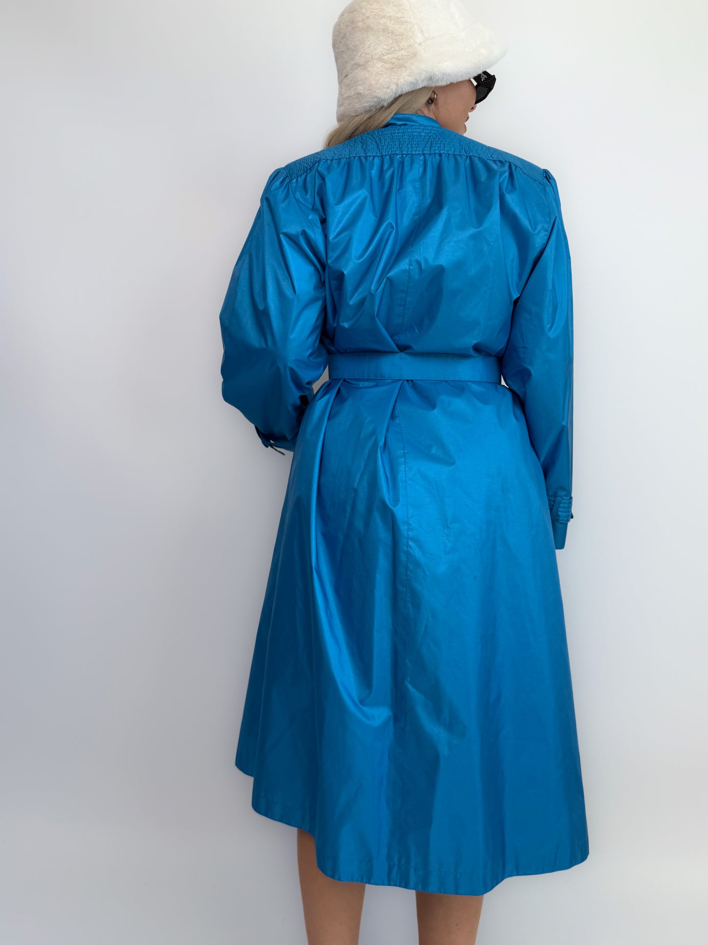 Vintage Lazure Blue Waterproof Trench Coat with Waist Tie – Size Large