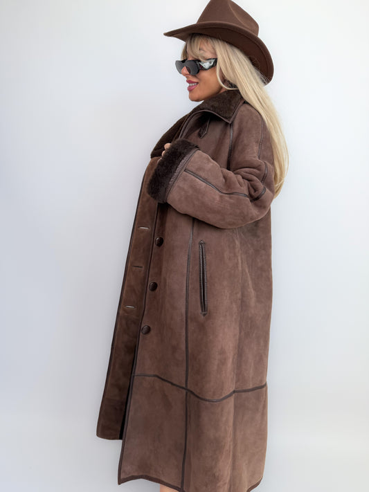 Vintage Shearling Sheepskin Coat – Brown Full Length Shearling Sheepskin Jacket M-L