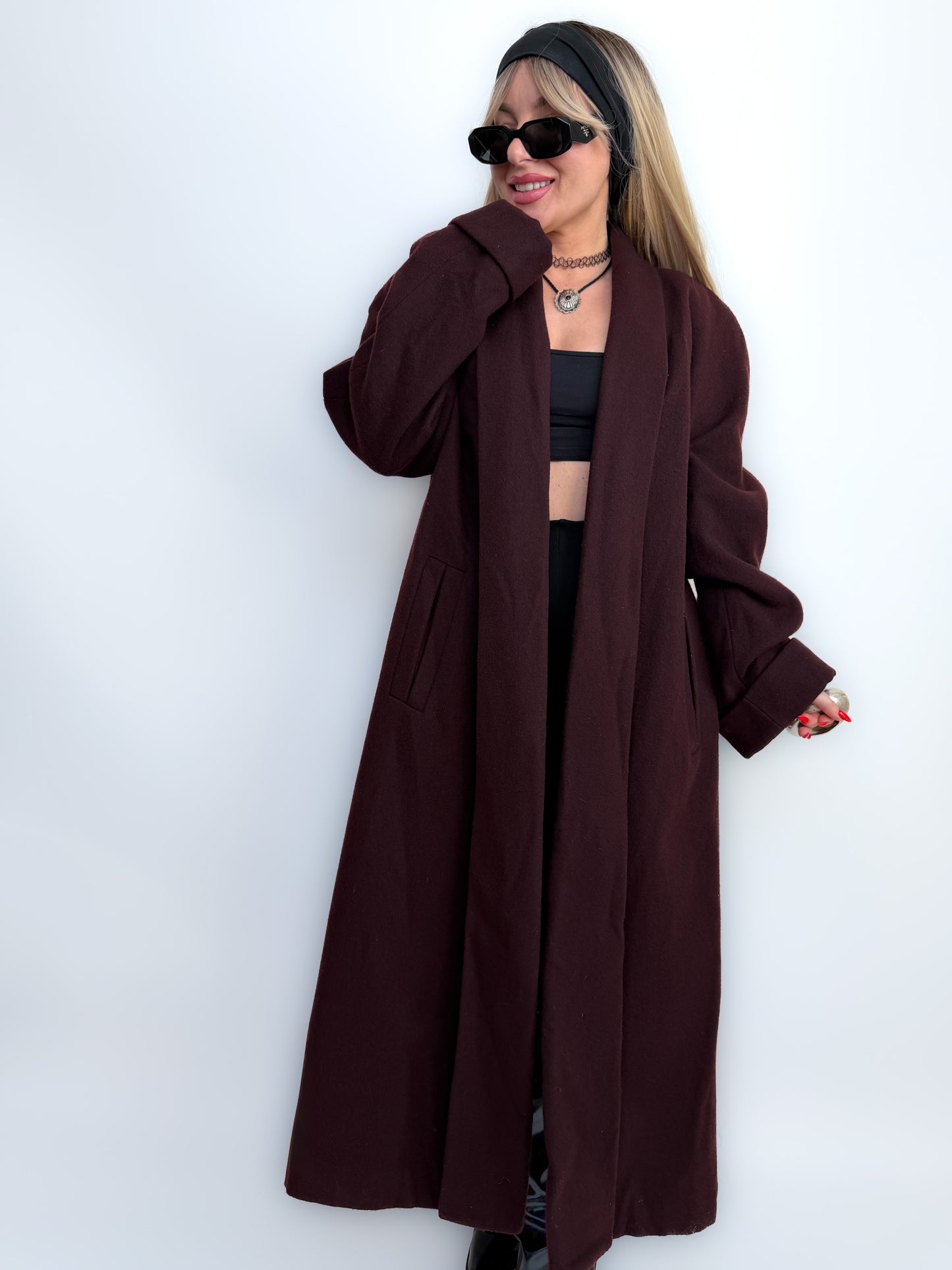 Vintage Long Wool Coat in Purple Plum Burgundy Size M