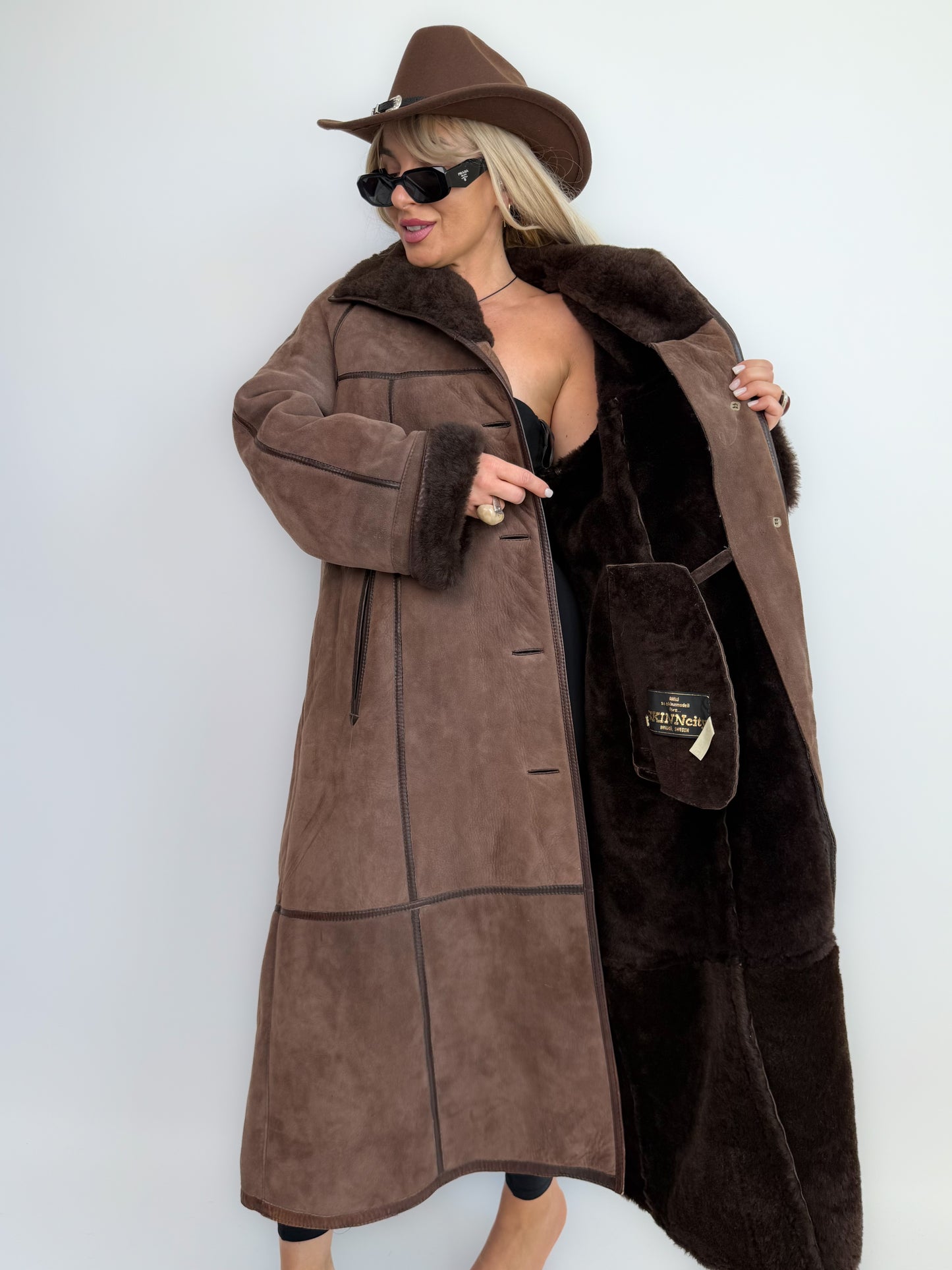 Vintage Shearling Sheepskin Coat – Brown Full Length Shearling Sheepskin Jacket M-L