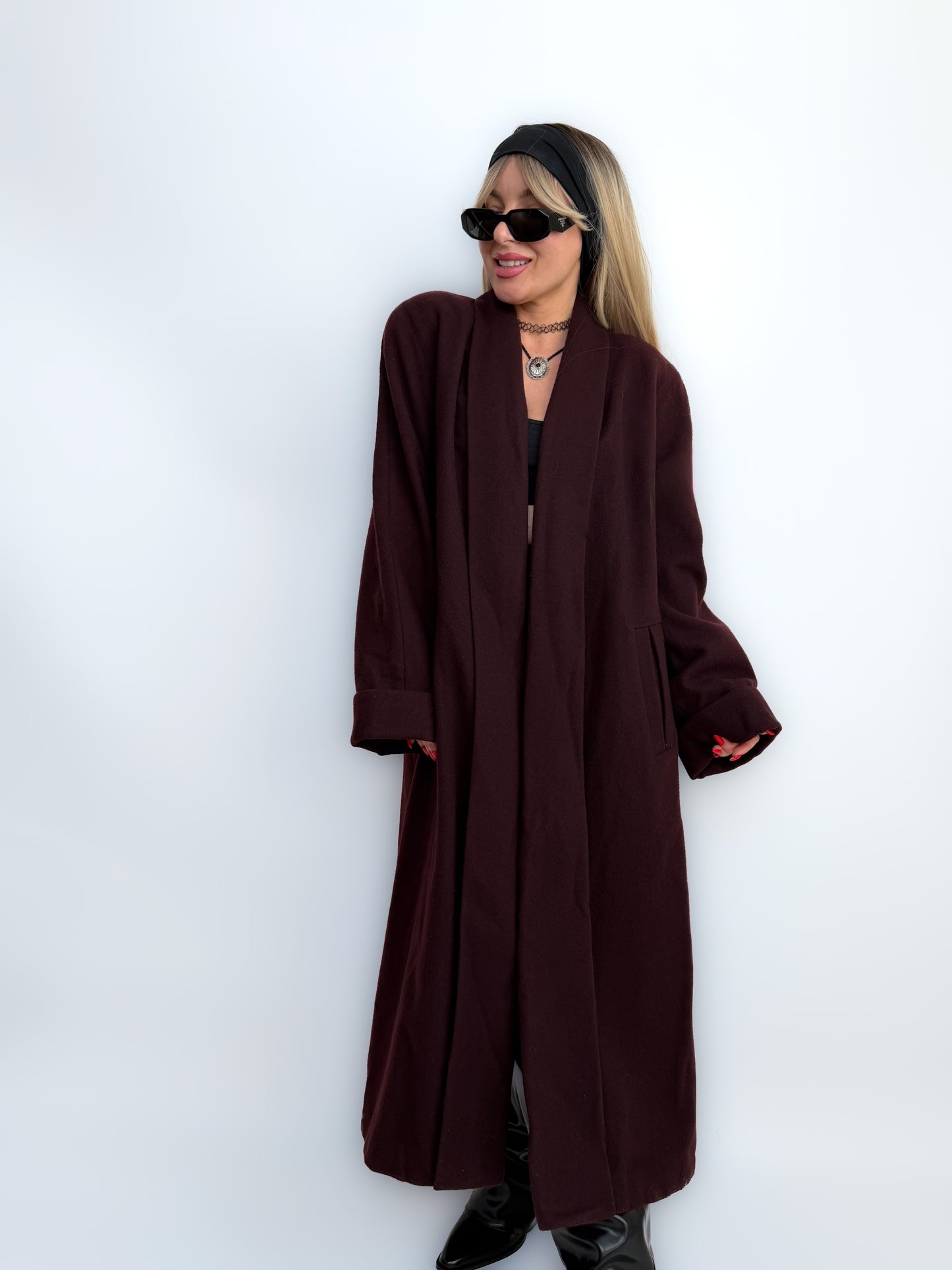 Vintage Long Wool Coat in Purple Plum Burgundy Size M