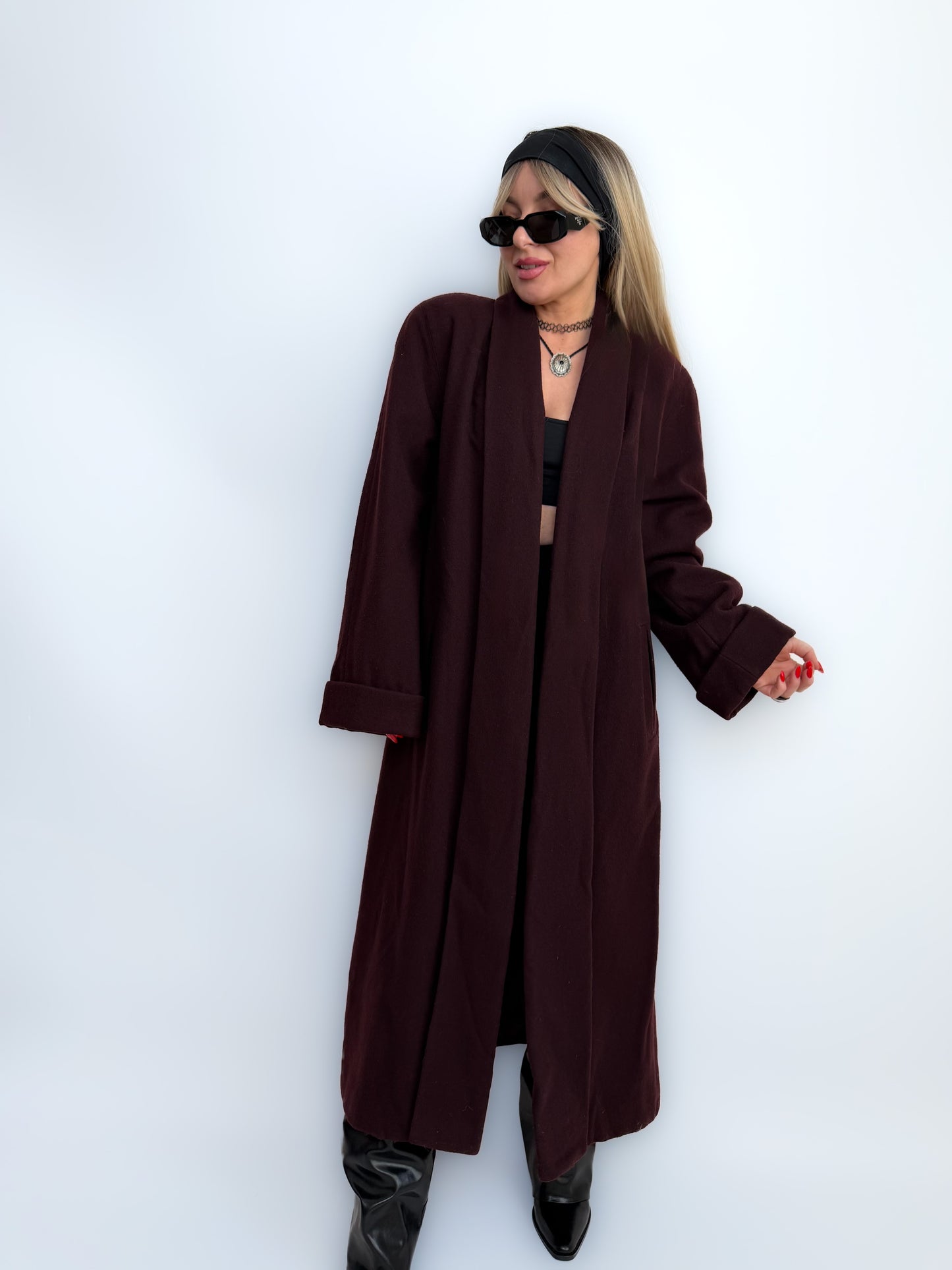 Vintage Long Wool Coat in Purple Plum Burgundy Size M