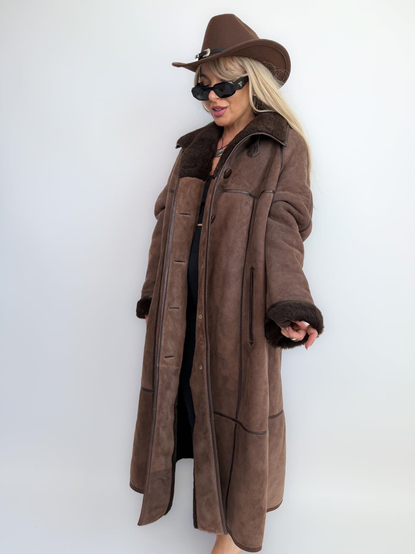 Vintage Shearling Sheepskin Coat – Brown Full Length Shearling Sheepskin Jacket M-L