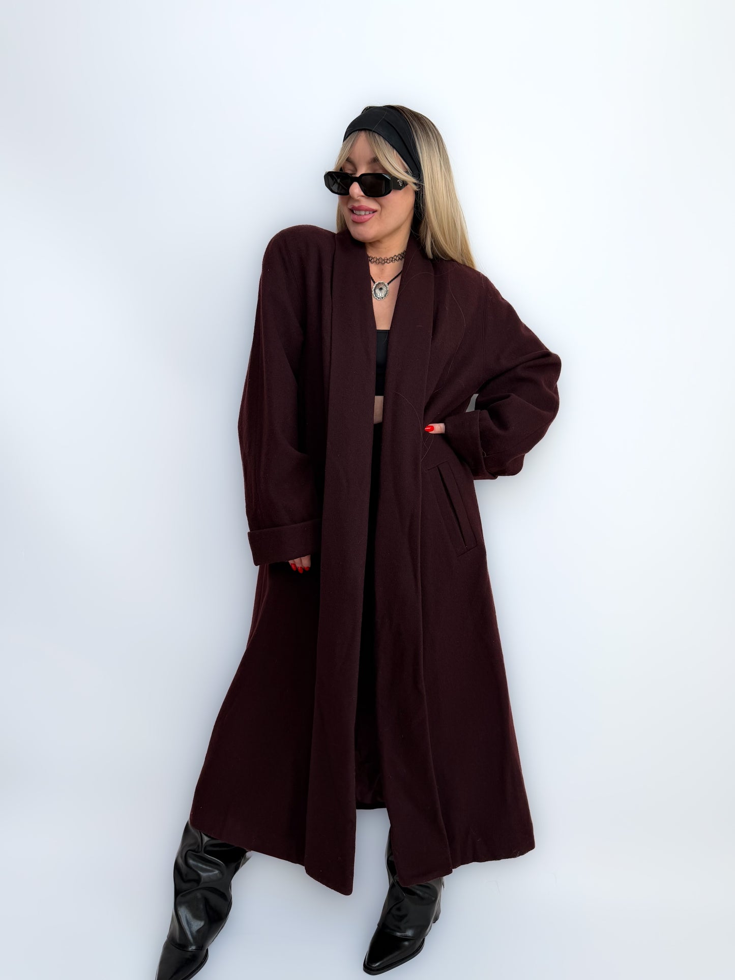 Vintage Long Wool Coat in Purple Plum Burgundy Size M