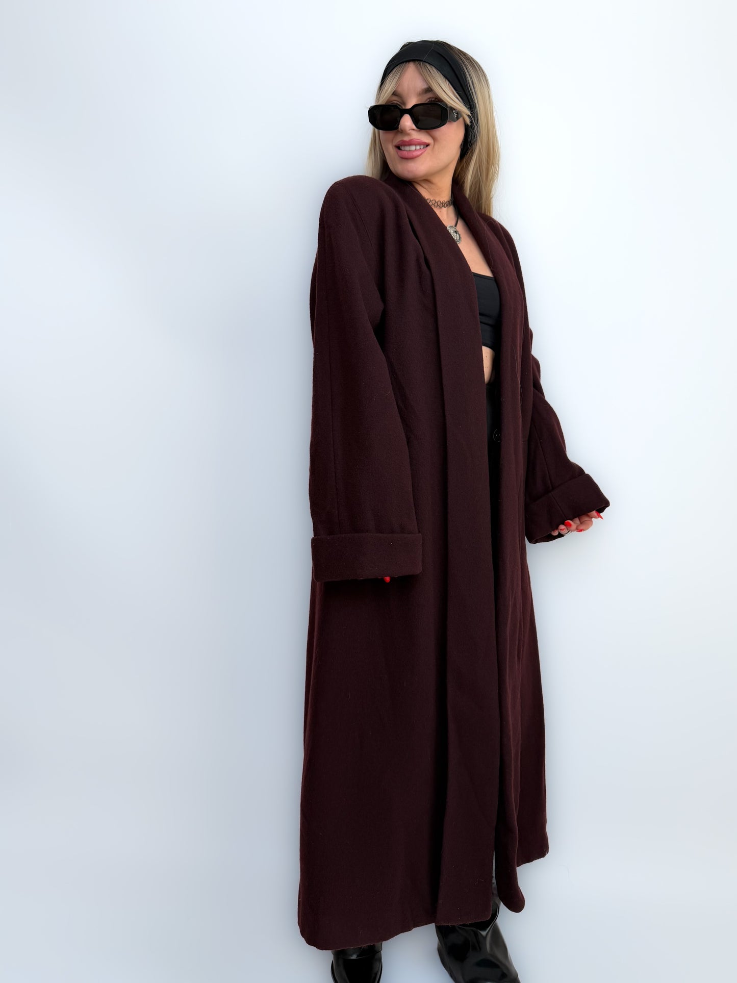 Vintage Long Wool Coat in Purple Plum Burgundy Size M