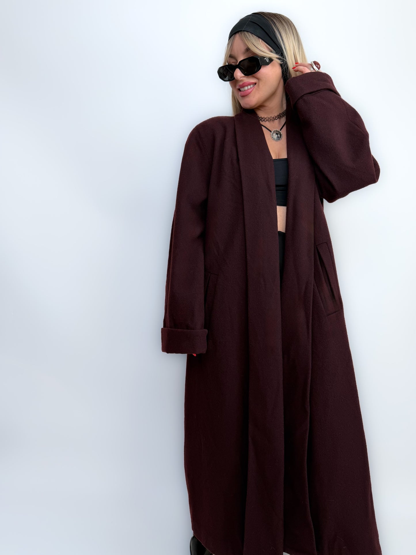 Vintage Long Wool Coat in Purple Plum Burgundy Size M